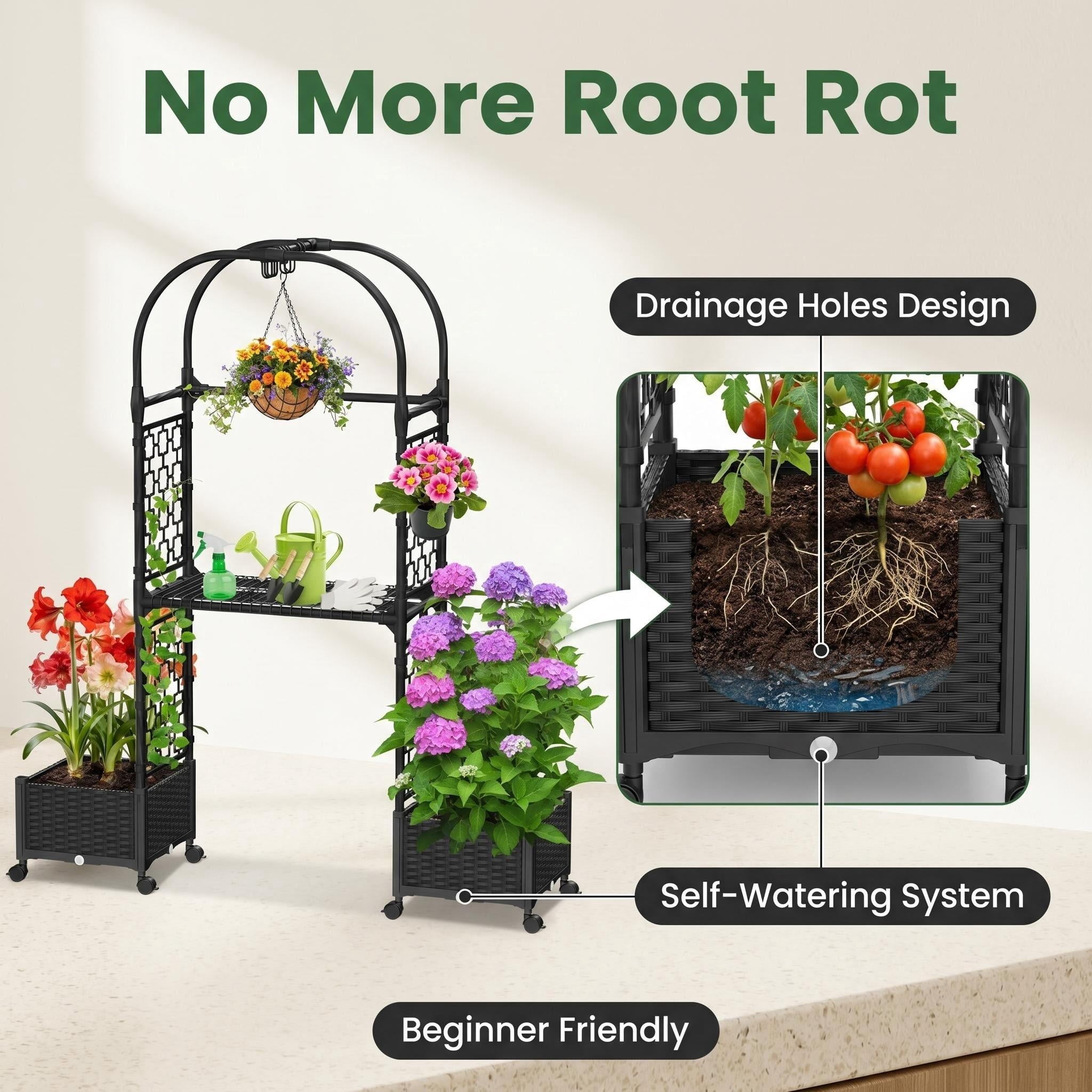 Rose Planter Box with Trellis, 63in Self Watering Raised Garden Bed with Wheels, Storage Shelf & Drainage Holes for Climbing Plants, Tomatoes, Vegetables, Indoor Outdoor Patio Garden