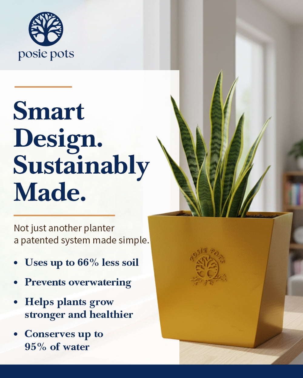 Posie Pot 5 inch, Medium, Gold, Twisted Square Self Watering Planter, 3D Printed