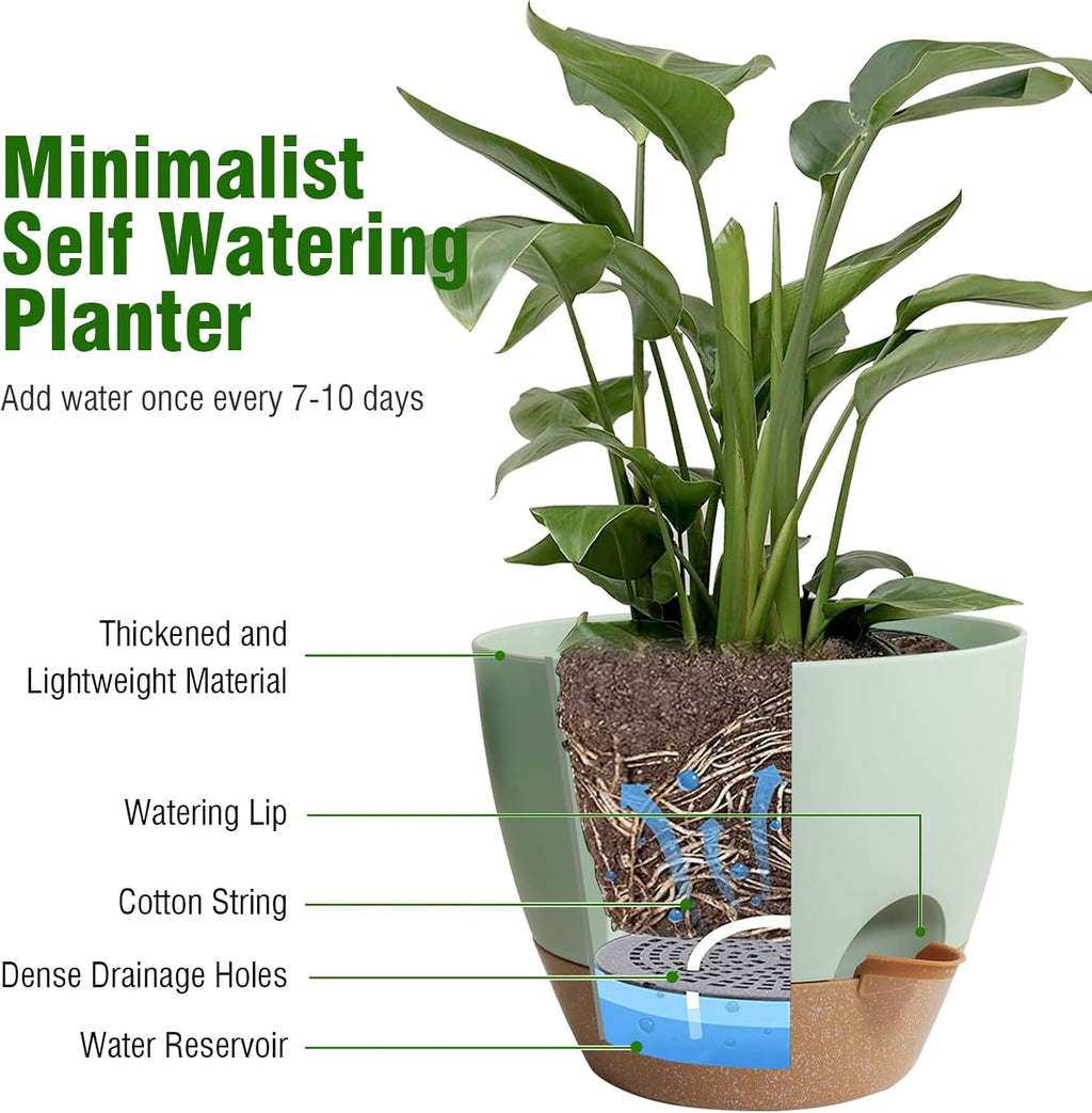 10 inch Self Watering Planters, 2 Pack Large Plastic Plant Pots with Deep Reservior and High Drainage Holes for Indoor Outdoor Plants and Flowers, Black with Terracotta