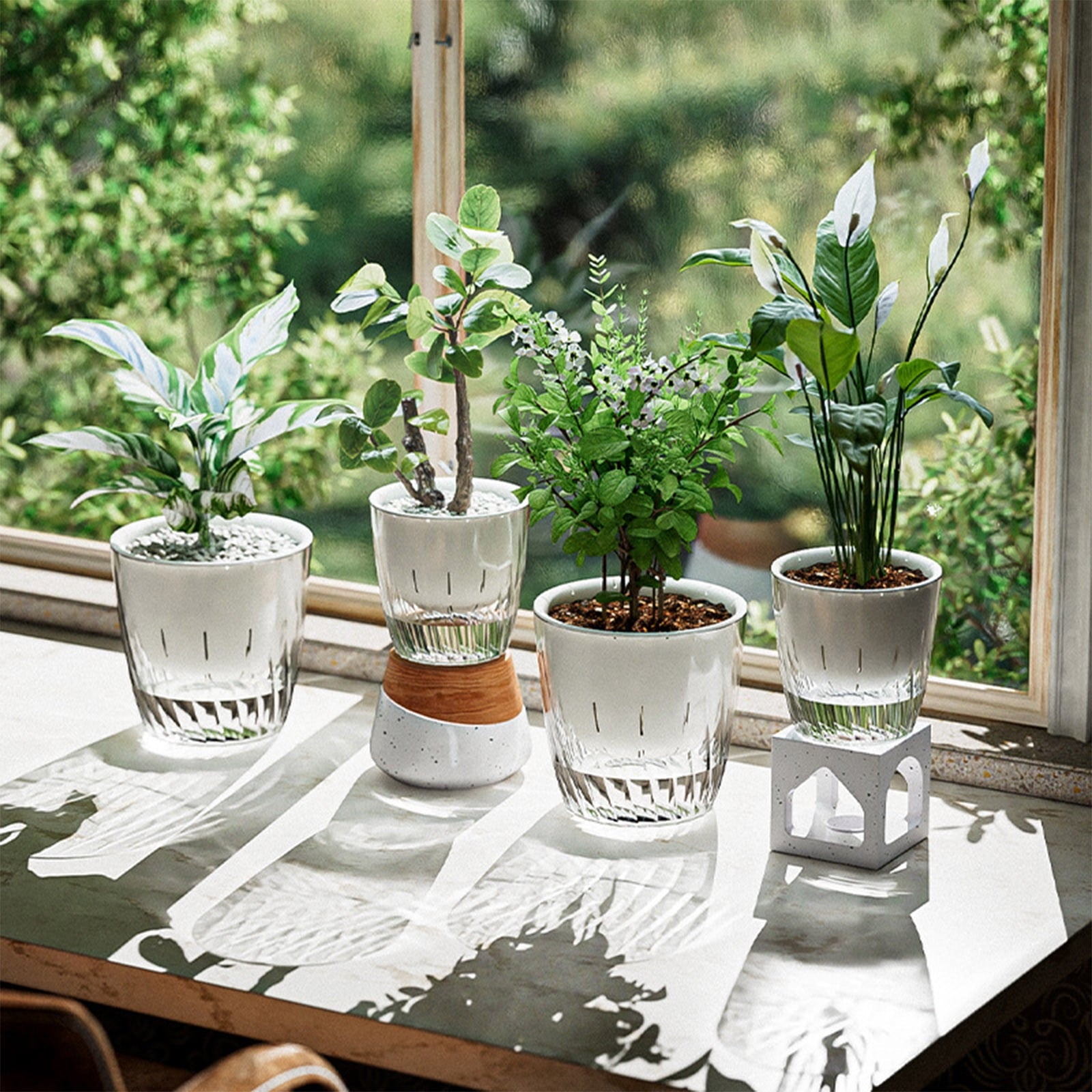 3 Packs Self Watering Plant Pots for Indoor Plants, Double Layer Water Storage Flower Pot with Wicking Rope, Automatic Watering System for Succulents, Office Home Decor, Lazy Gardener Planter Pot