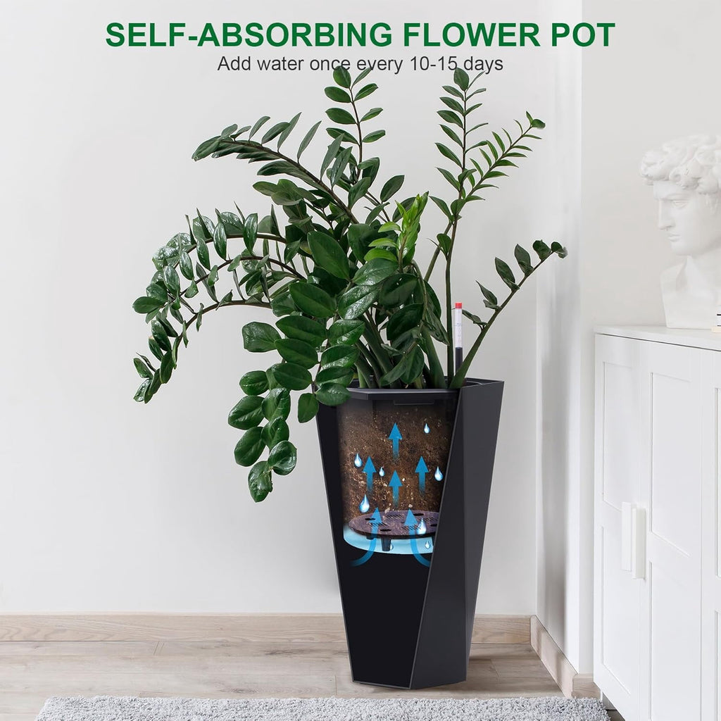 23 Inch Tall Outdoor Planters Set of 2, Self Watering Pots for Indoor Plants with Water Level Monitor & Drainage Hole & Wheels,Black