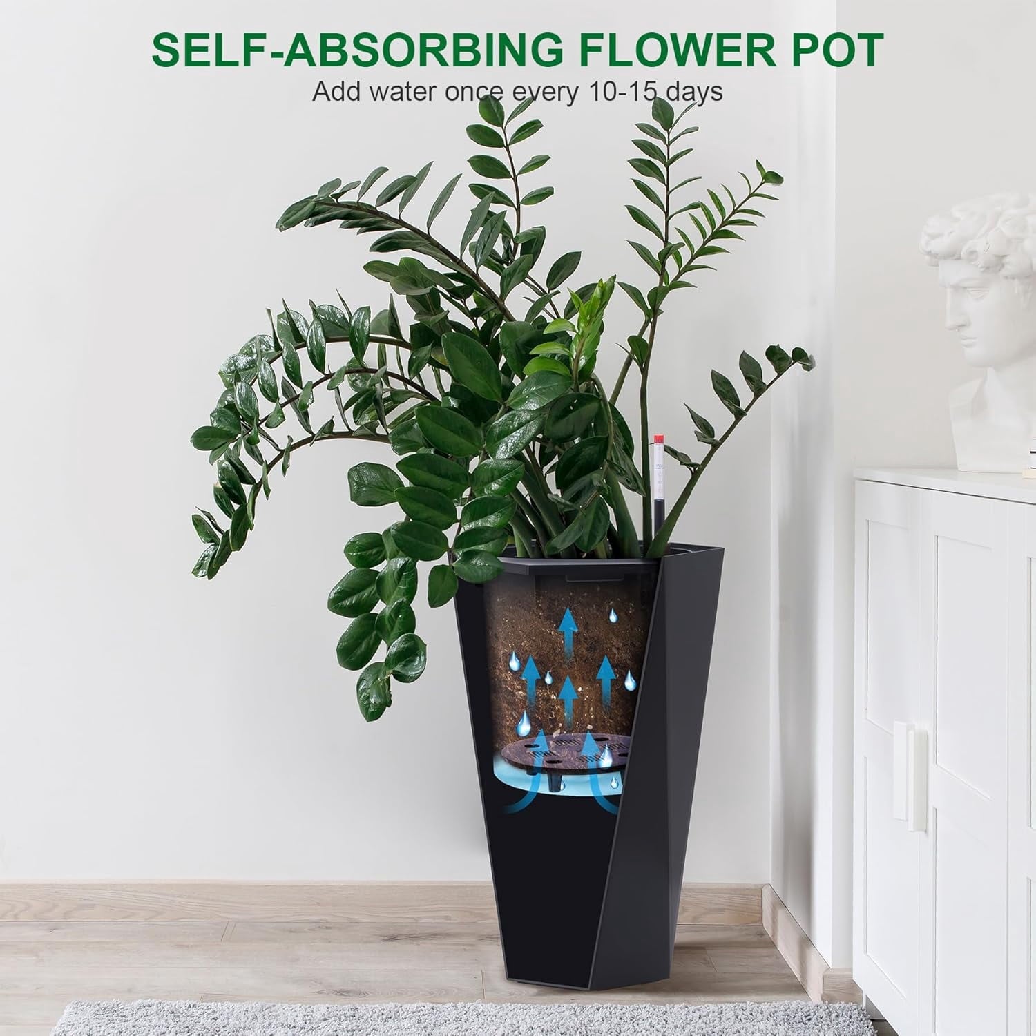 23 Inch Tall Outdoor Planters Set of 2, Self Watering Pots for Indoor Plants with Water Level Monitor & Drainage Hole & Wheels,Black