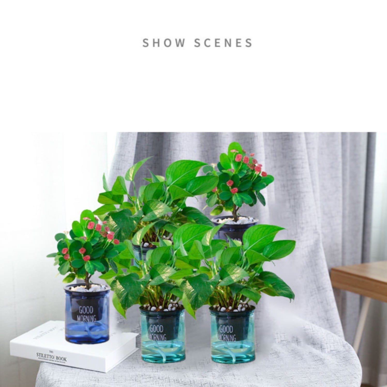 Self Watering Planter, Self Watering Pots for Indoor Plants, 4 Inch Clear African Violet Pots for Indoor Plants, Automatic-Watering Planter with Drainage, Wick Rope, Windowsill Gardens, Herb, Orchid