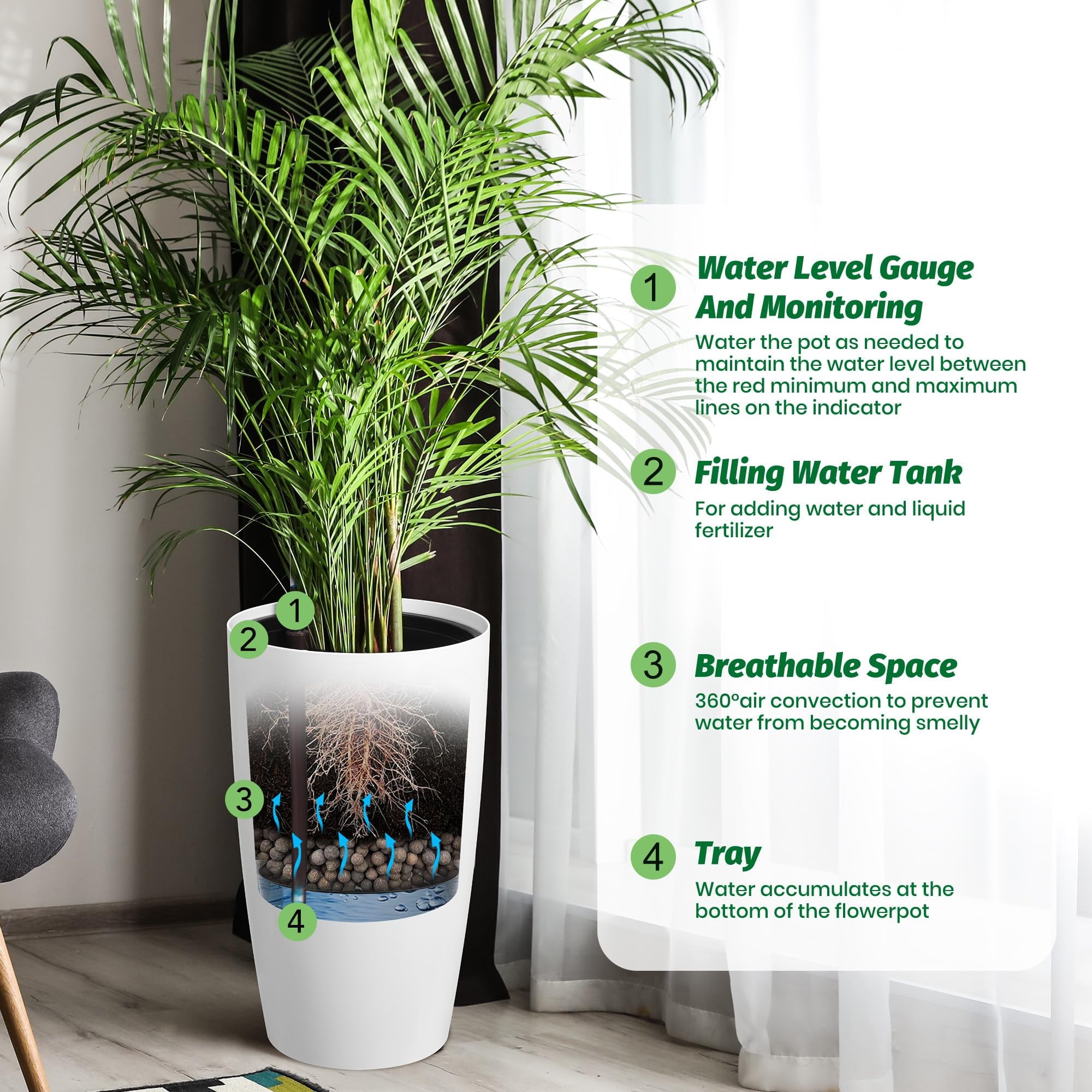 Goldensoil 22" Tall Round Planter Set of 2, Self Watering Pots with Water Level Monitor, White
