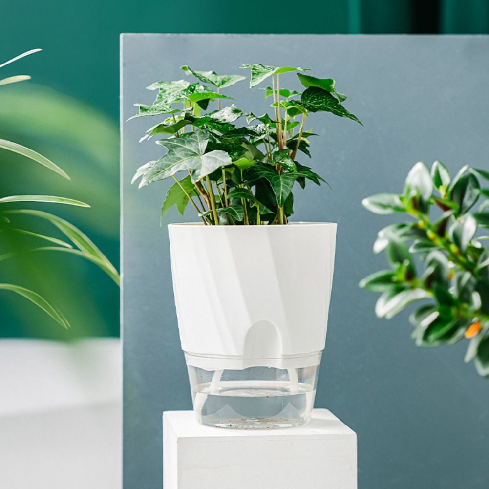 4 Inch Design Self Watering Planter for Indoor Plants, White Terracotta Pots with Cylinder Glass Cup White Extra Large