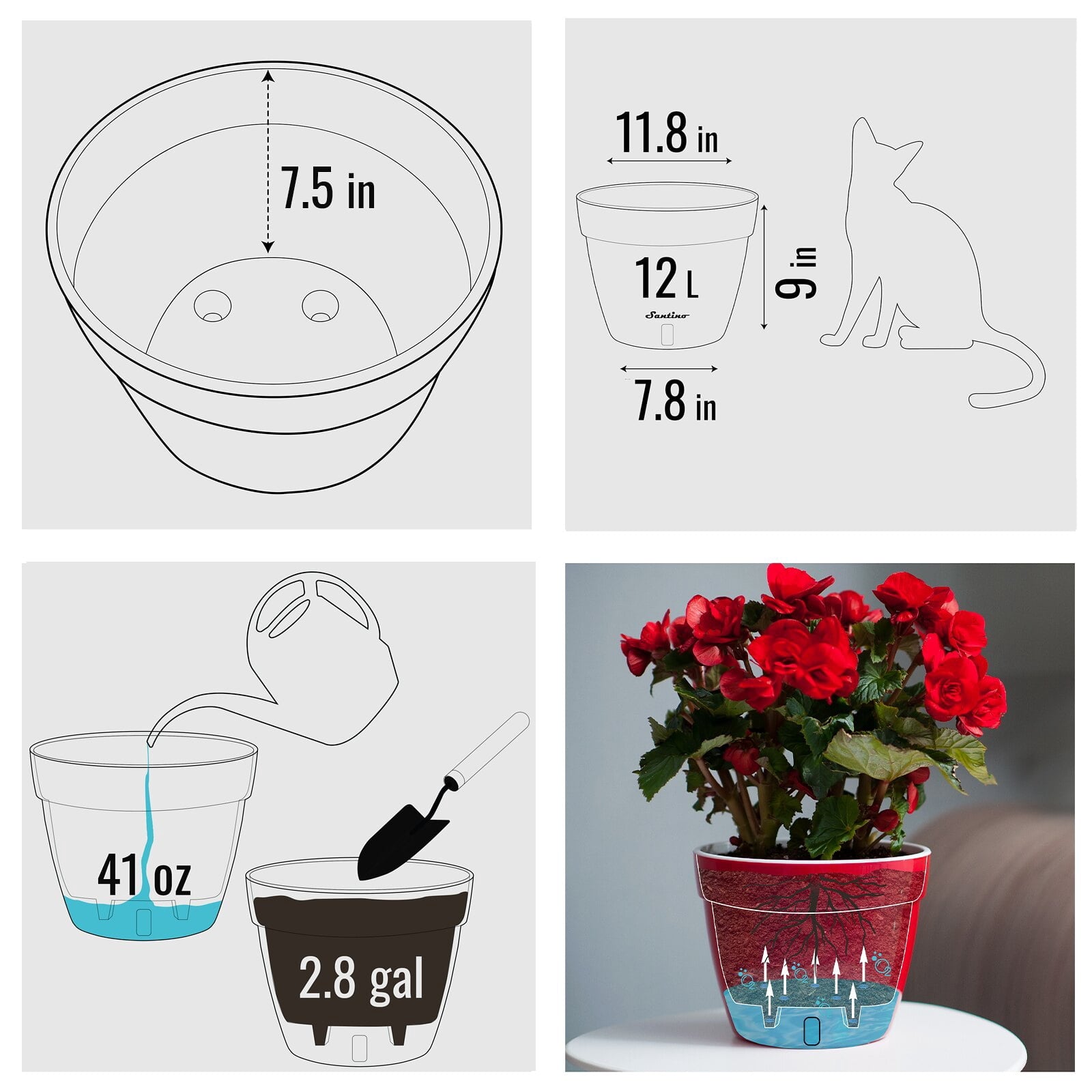🪴 Santino ASTI 11.8 Inch Self Watering Planter GREY/WHITE for Indoor Plants - Modern Plastic Planter Pot w/ Water level Indicator for All House Herbs, Plants, African Violets and Dahlias