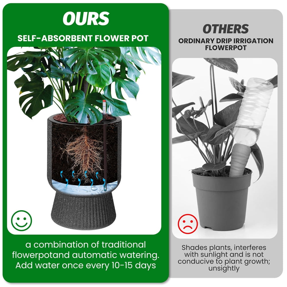14.2" Tall Planters Set of 2, Plant Pots, Self Watering Pots for Indoor Plants, Flower Pots with Built-in Drainage and a Water Level Monitor, for Patio, Porch, Living Room, or Home Office