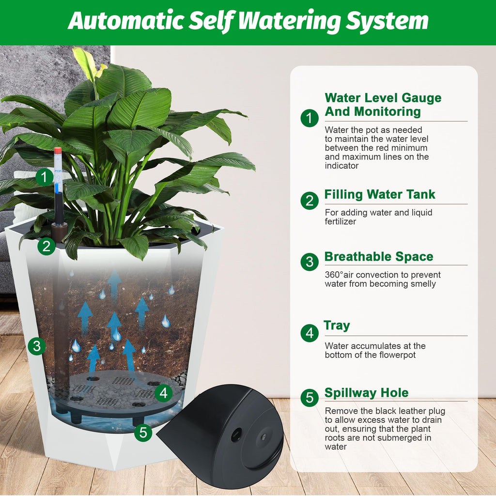Kojooin 16 Inch Tall Diamond Planters Set of 2, Self Watering Planters with Water Level Monitor and Wheels, Flower Pots Outdoor and Indoor for Patio, Porch, Living Room, Home Office