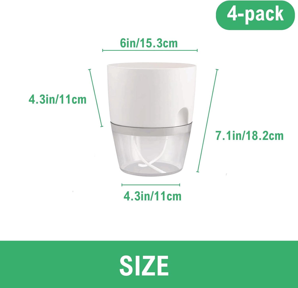 6Inch Self Watering Planter Pots 4 Pack Plant Pot for Indoor Wicking Flower Pots Plant Pots Modern Decorative Planter for House Plants,Herbs,Indoor Outdoor Plant (White)