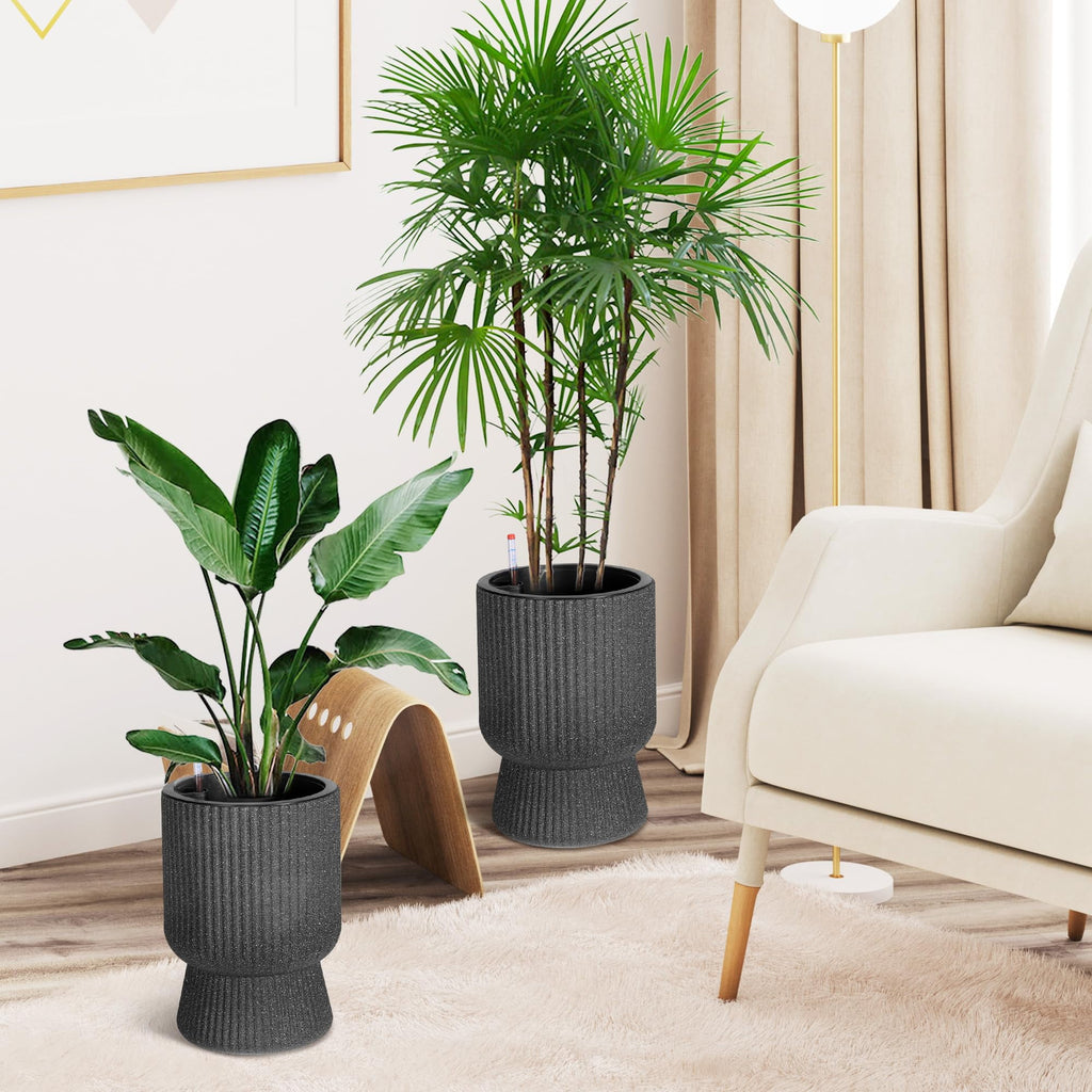 Towallmark 14.2" Planters Set of 2, Self Watering Plant Pots with Inner Bucket and Water Level Monitor, Flower Pots with Drainage Holes for Patio, Porch, Living Room, Home Office, Marble Black