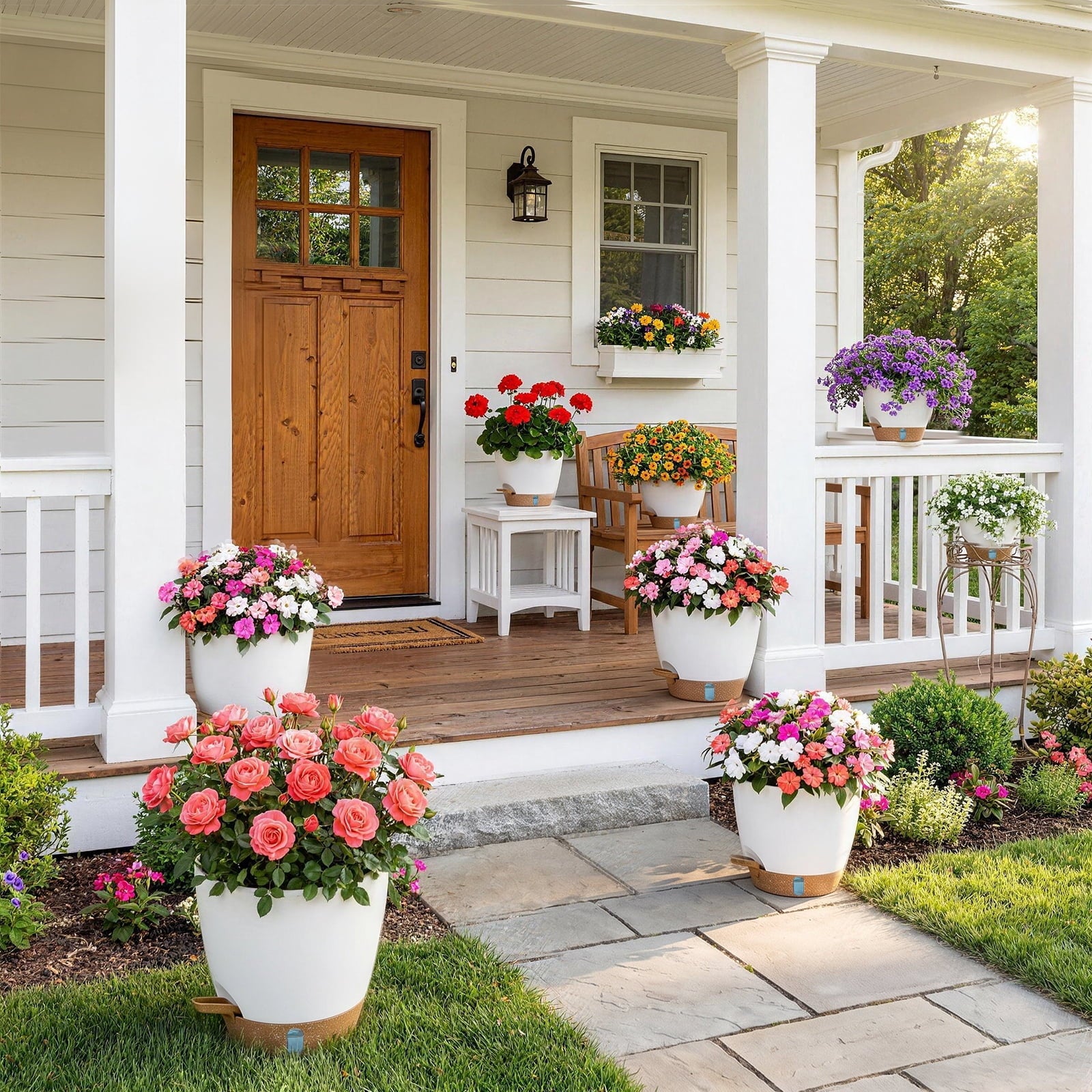 FIASON 9 Pack Plastic 5/5.5/6/6.5/7/8/9/10/12 Inch White with Brown Self Watering Plant Pots,Include Watering Lip,Drainage Holes & Removable Saucer for Indoor Outdoor Use