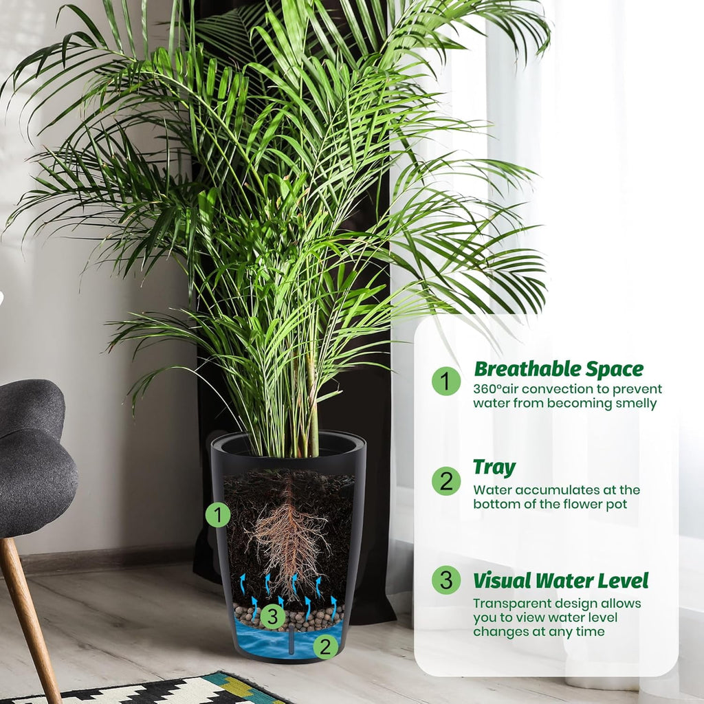Acekid 16" Tall Planters Set of 2, Plant Pots, Self Watering Pots for Indoor Plants, Flower Pots With Built-In Drainage and Visual Water Level Design, for Patio, Porch, Living Room