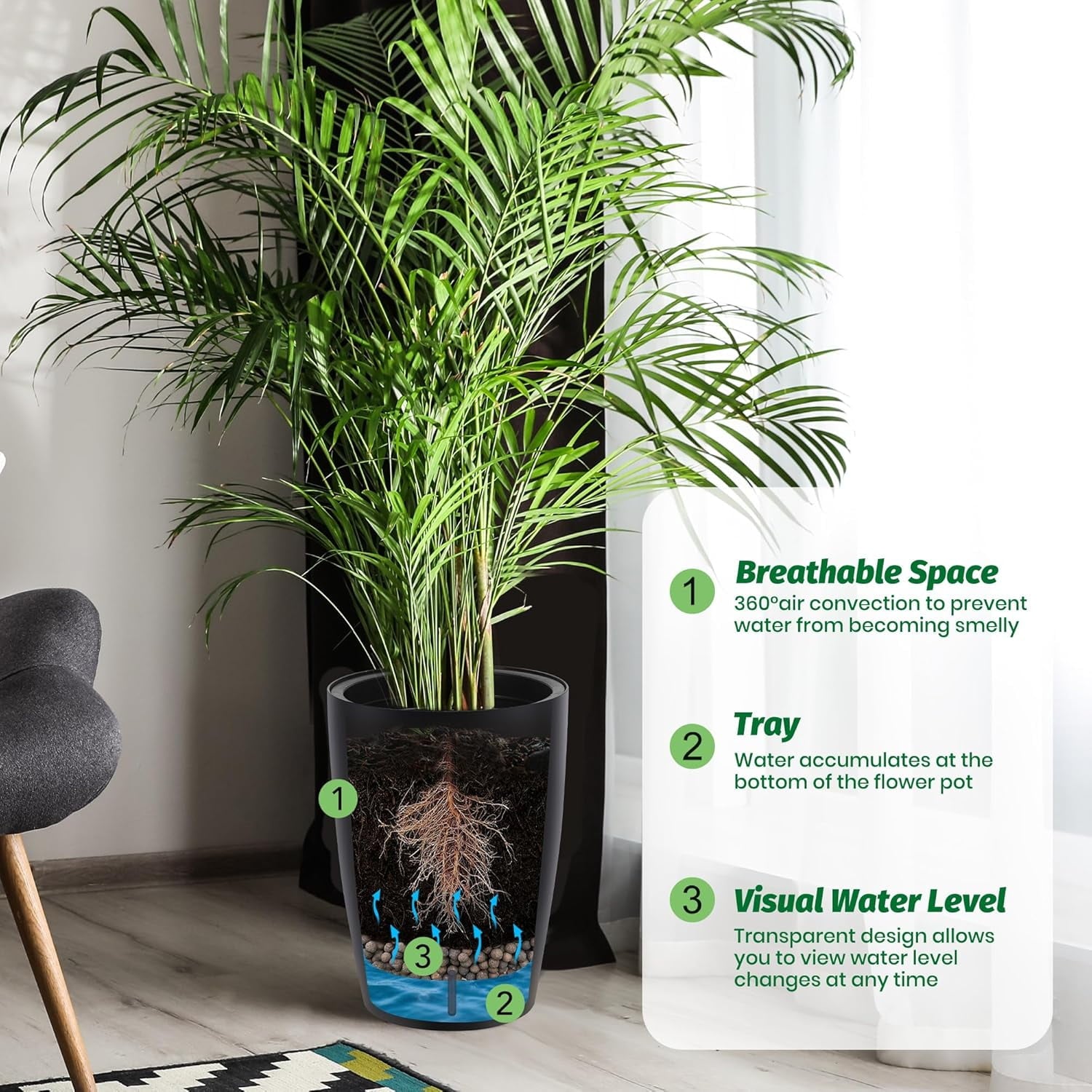 Acekid 16" Tall Planters Set of 2, Plant Pots, Self Watering Pots for Indoor Plants, Flower Pots With Built-In Drainage and Visual Water Level Design, for Patio, Porch, Living Room