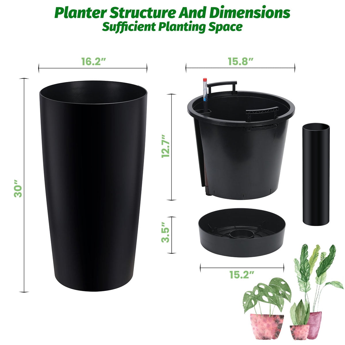 Ataucjin 30 inch Tall Planter Set of 2, Self Watering Pots with Drain Holes, Water Level Monitor & Inner Bucket, Indoor Outdoor Large Flower Pots, Automatic Watering, for Patio, Balcony, Living Room