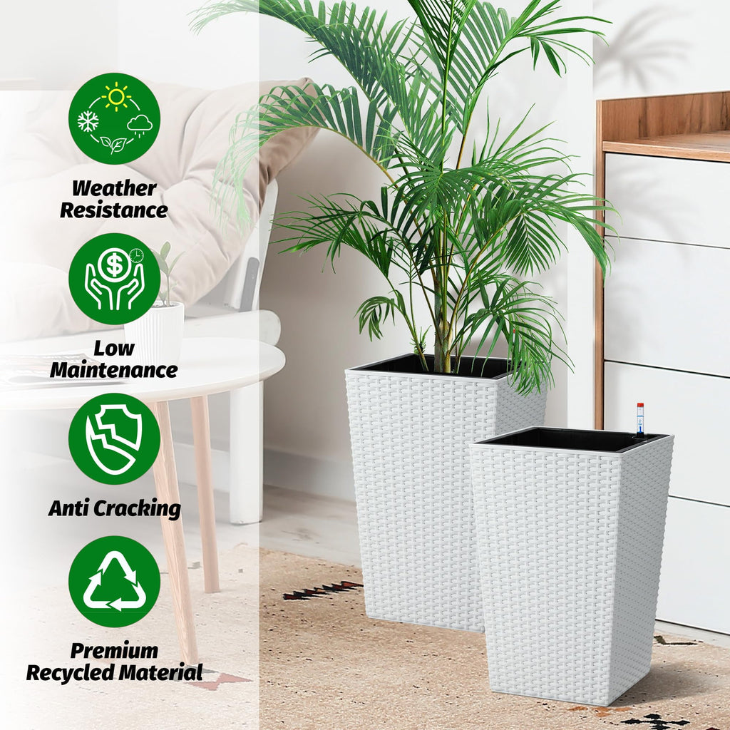 Set of 4 Tall Rattan-Style Self Watering Planters, 16" Indoor Outdoor Plant Pots with Water Level Indicator for Patio & Home, White