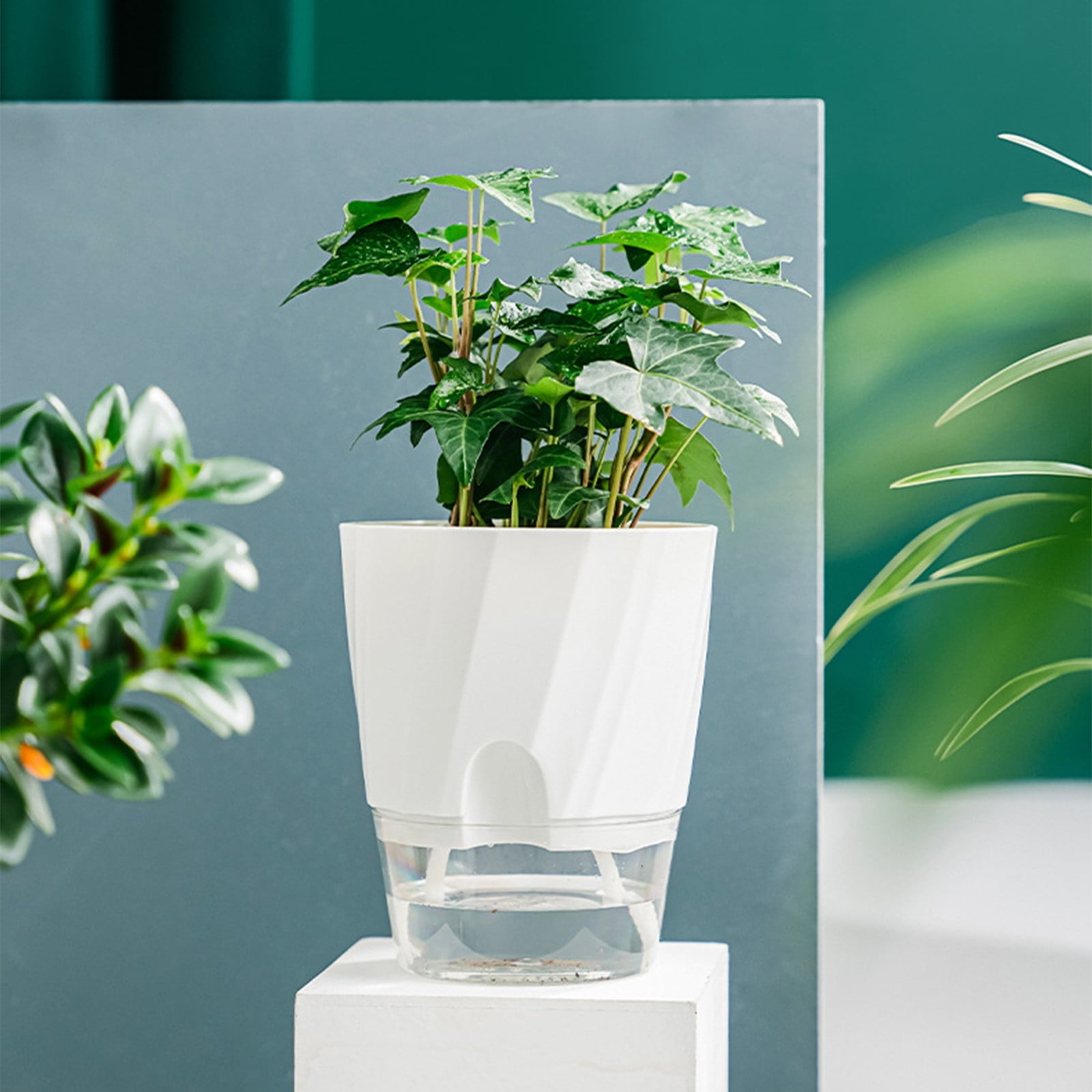 Self Watering Pots - 2 Pack Indoor Planters with Wick Ropes & Drainage Holes - Modern White Orchid Pots with Water Reservoir for African Violets, Herbs, and Houseplants