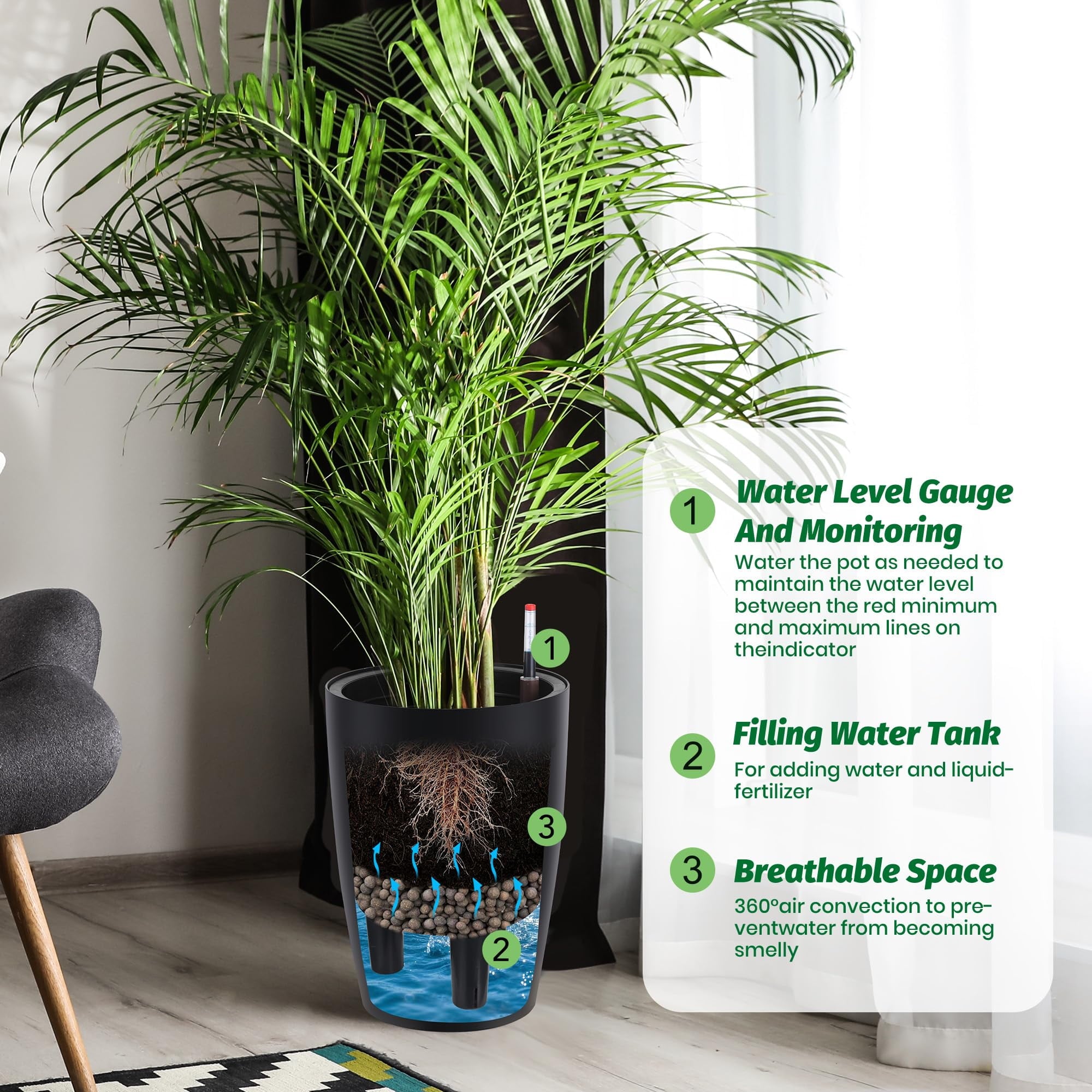 16 Inch Tall Black Planters Set of 4, Self Watering Flower Pots with Drainage System & Water Level Monitor for Indoor Outdoor Patio Home Office Plants