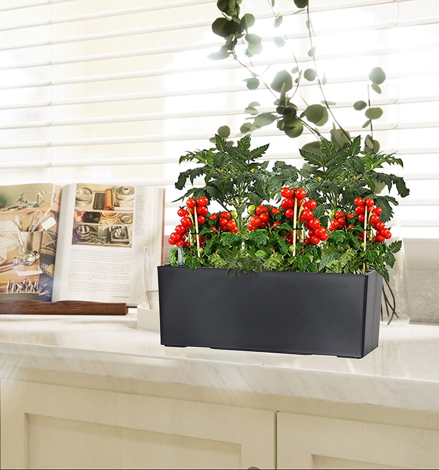 GardenBasix Self Watering Planter Pots 7.5 x 20 inch Indoor Outdoor Home Garden Herb Flower Pot for Hanging Railing Balcony Tabletop (Black,7.5''x 20'')