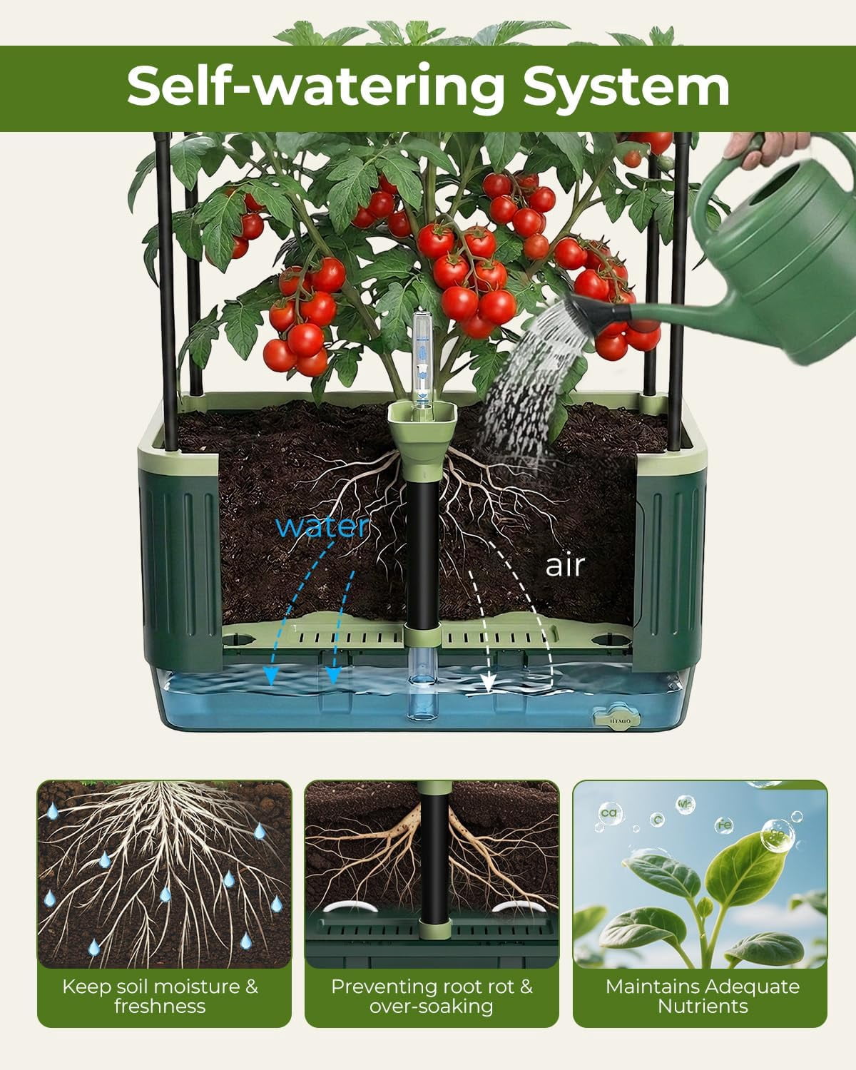 51" Self Watering Planter Box with Trellis, Tomato Cage with Water Level Indicator, Indoor Outdoor Raised Garden Bed