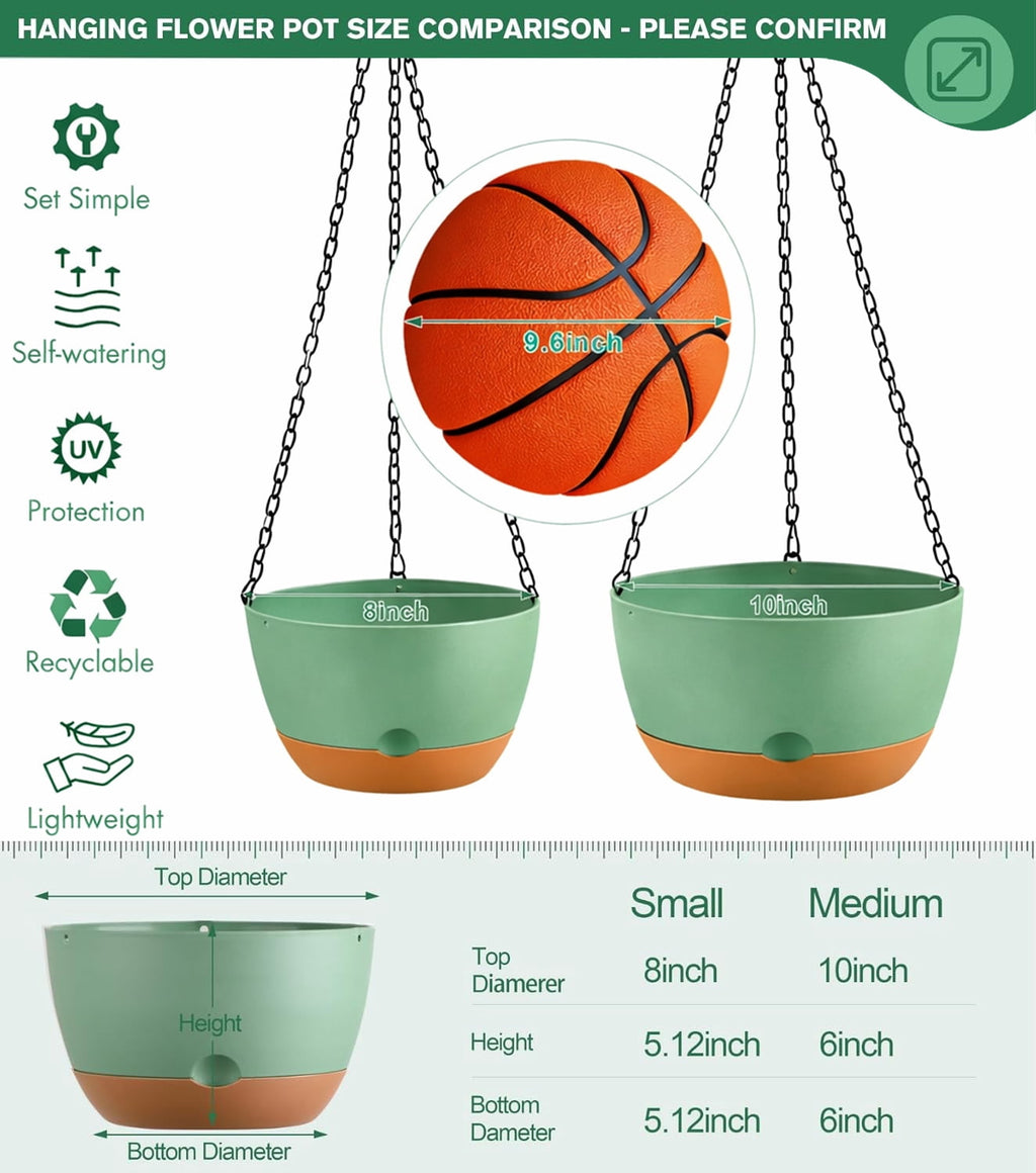 Diigabo 3-Pack Self-Watering Hanging Planters with Drainage Hole, 8.3" Flower Pots with Chains & Hooks for Indoor Outdoor Balcony Garden Patio Décor(Green)