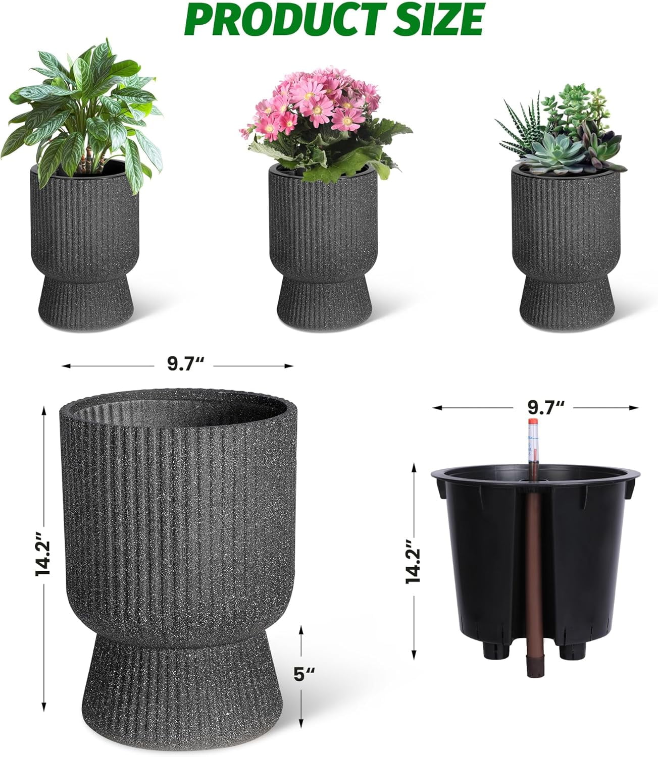 14.2"Tall Planters Set of 2,Indoor Self Watering Planter with Built-in Drainage and a Water Level Monitor for Patio,Porch,Living Room
