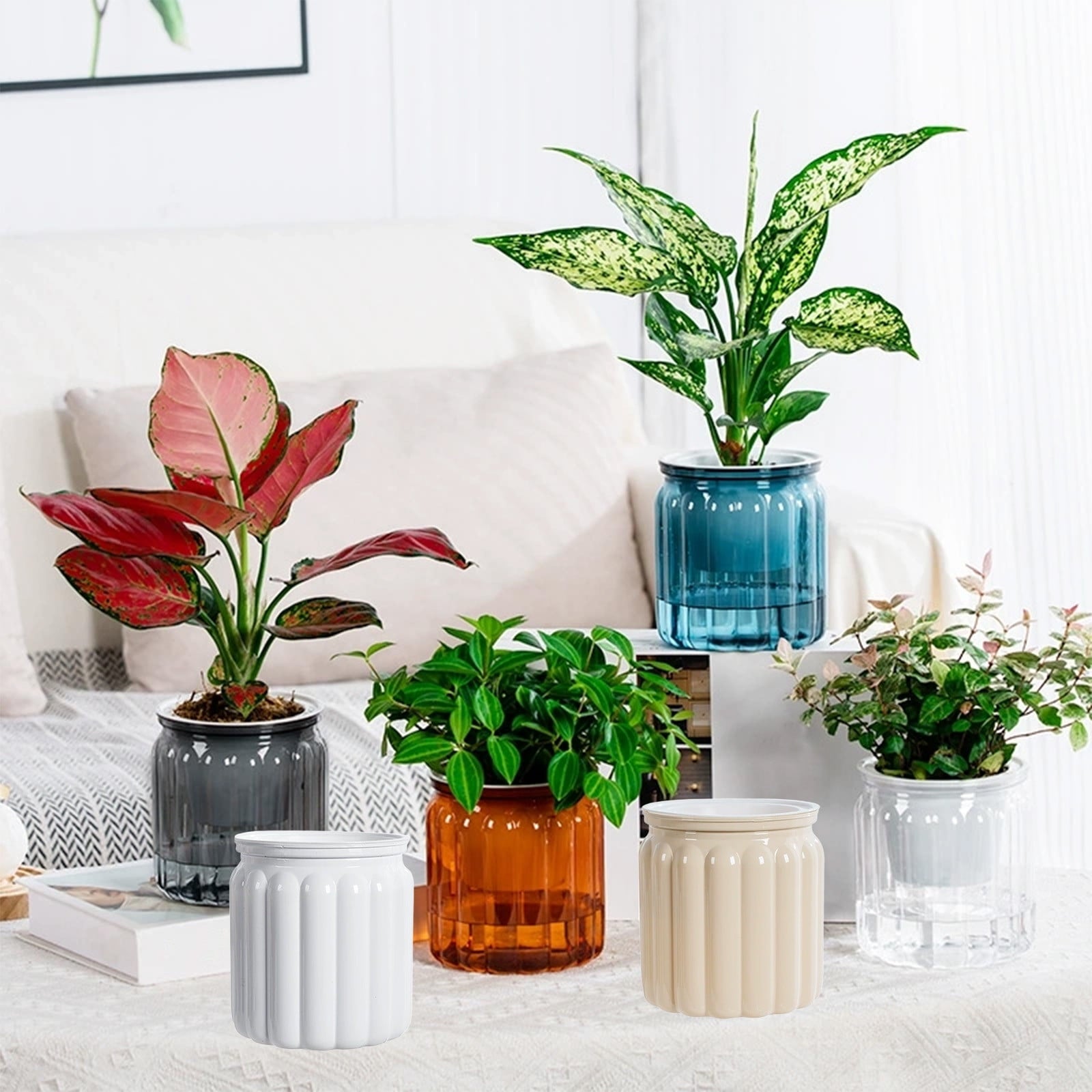 SLYNSHome Self Watering Planters Pot for Indoor Plants Automatic Watering Pots Decorations Transparent Flowers Pot for Home Office Table - Beige