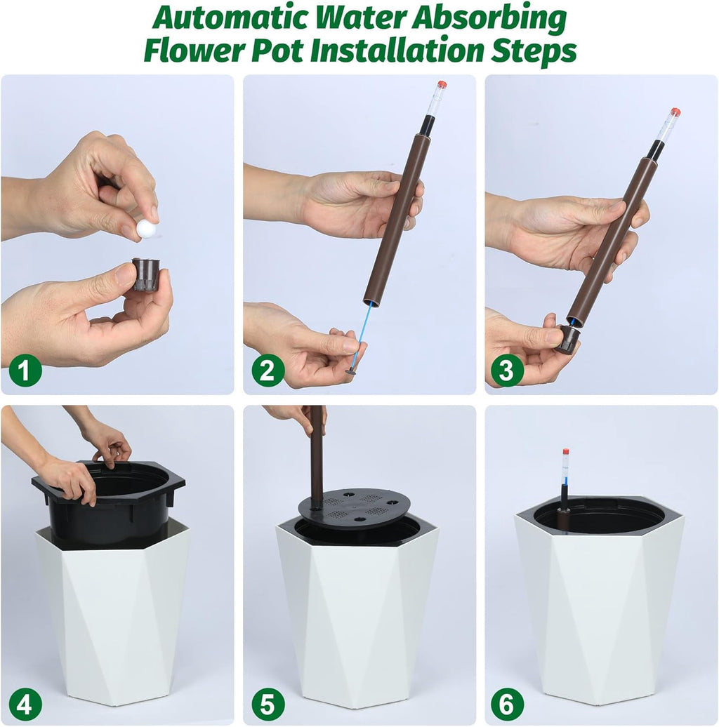 Riedhoff 16" Tall Self-Watering Planter Pots Set of 2, Water Level Monitor, Drainage Holes, White