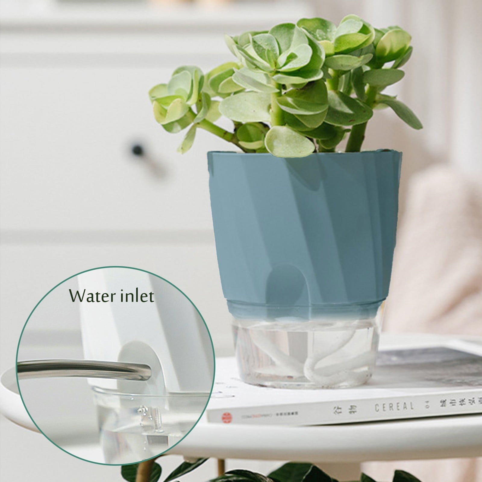 Self Watering Pots for Indoor Plants, Plastic Self Watering Plant Pots, Modern Decorative Planter, Blue Plant Pots with Absorbent Rope, 1Pcs Automatic Water Absorption Planters