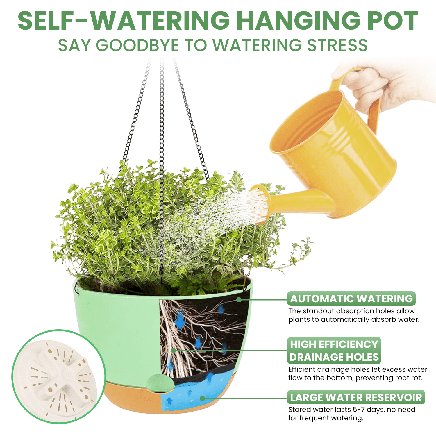Diigabo 3-Pack Self-Watering Hanging Planters with Drainage Hole, 8.3" Flower Pots with Chains & Hooks for Indoor Outdoor Balcony Garden Patio Décor(Green)