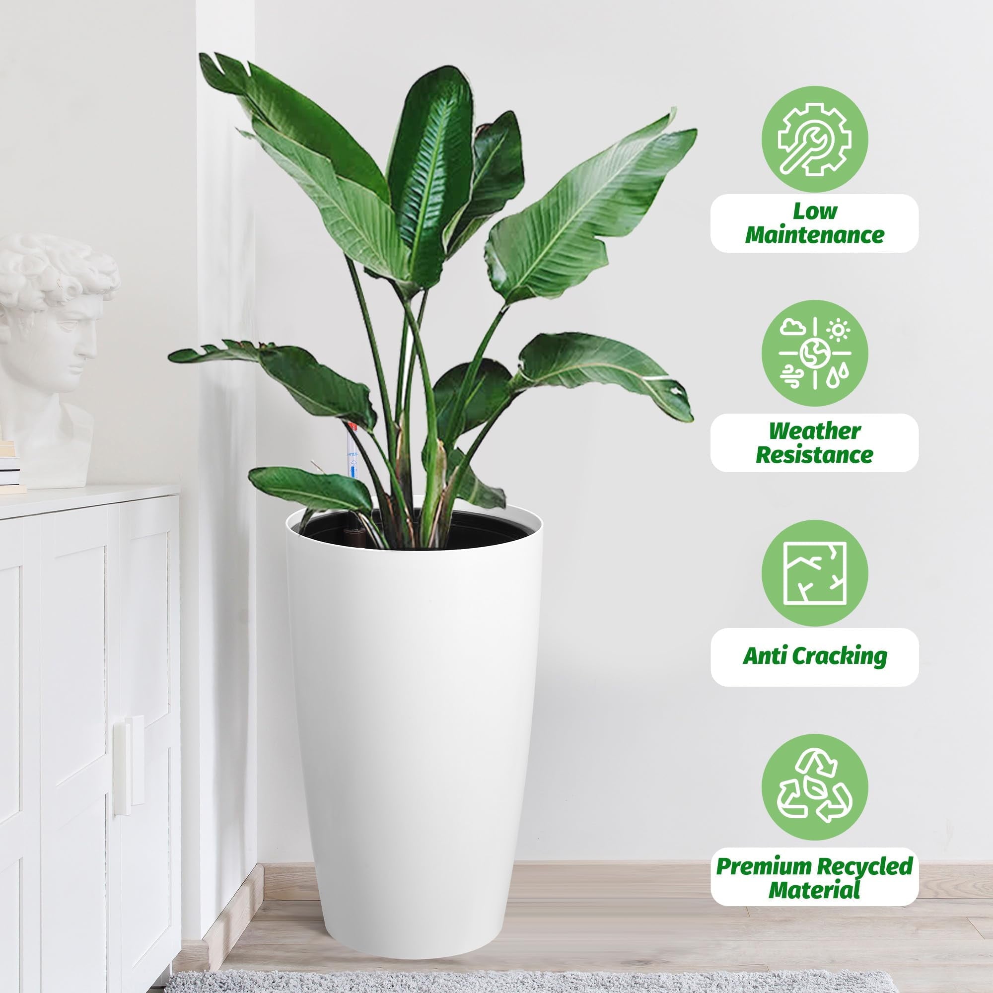 Goldensoil 22" Tall Round Planter Set of 2, Self Watering Pots with Water Level Monitor, White