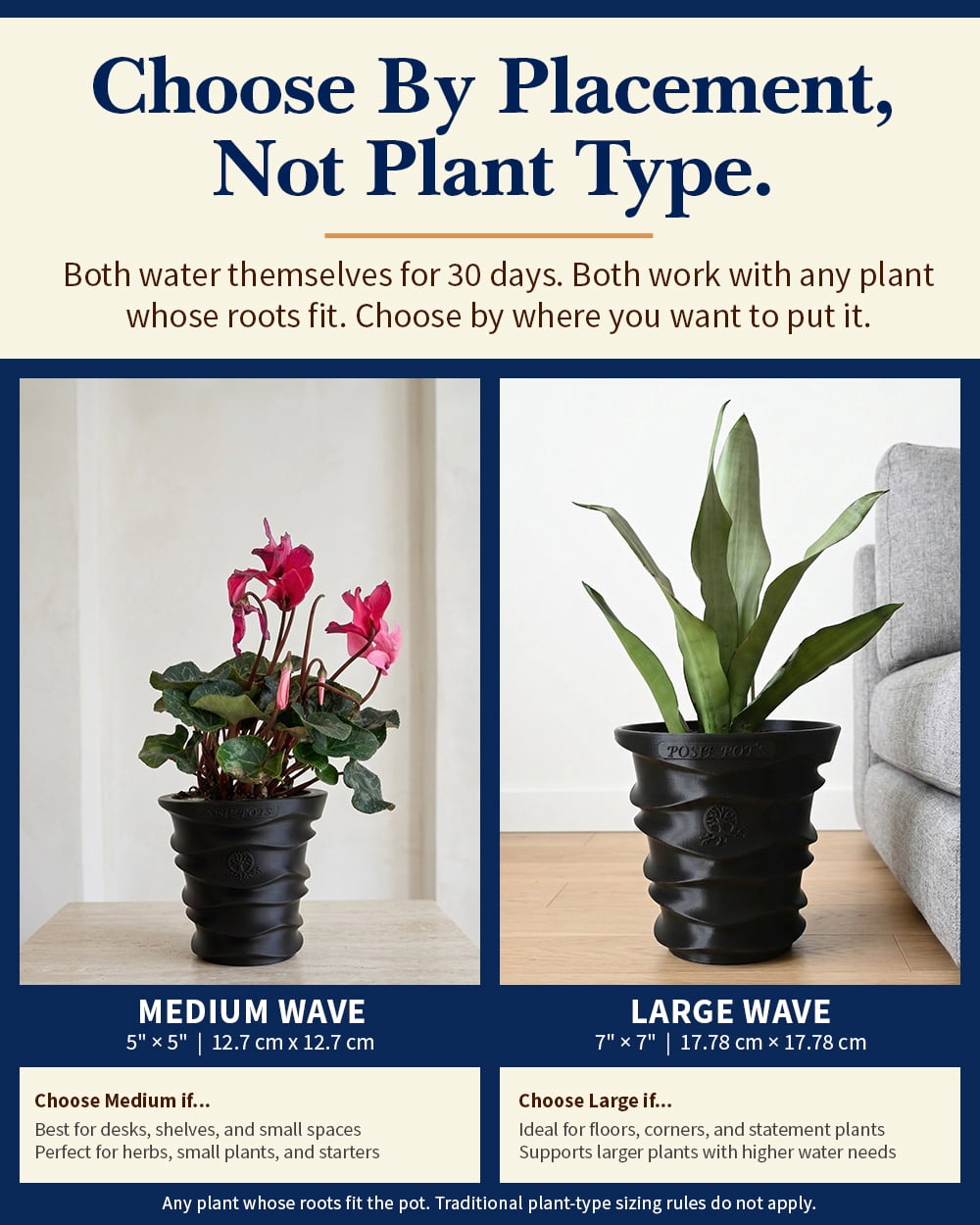 Posie Pot 7 inch, Large, Black Wave Self Watering Planter, 3D printed