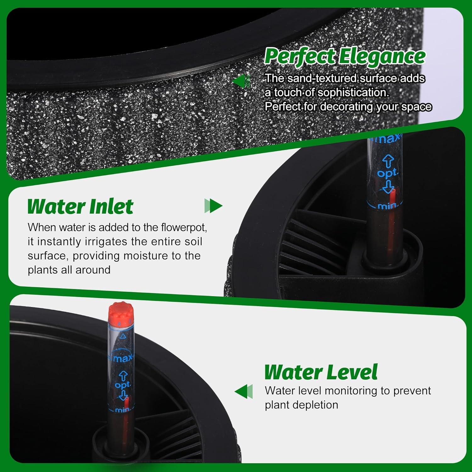 14.2"Tall Planters Set of 2,Indoor Self Watering Planter with Built-in Drainage and a Water Level Monitor for Patio,Porch,Living Room