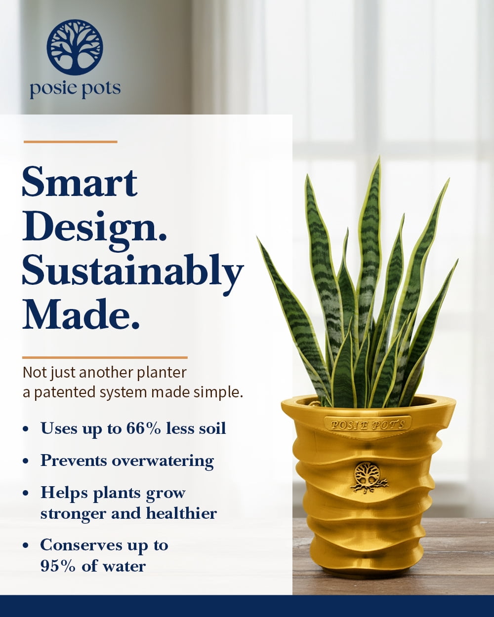 Posie Pot 7 inch, Large Gold Wave Self Watering Planter