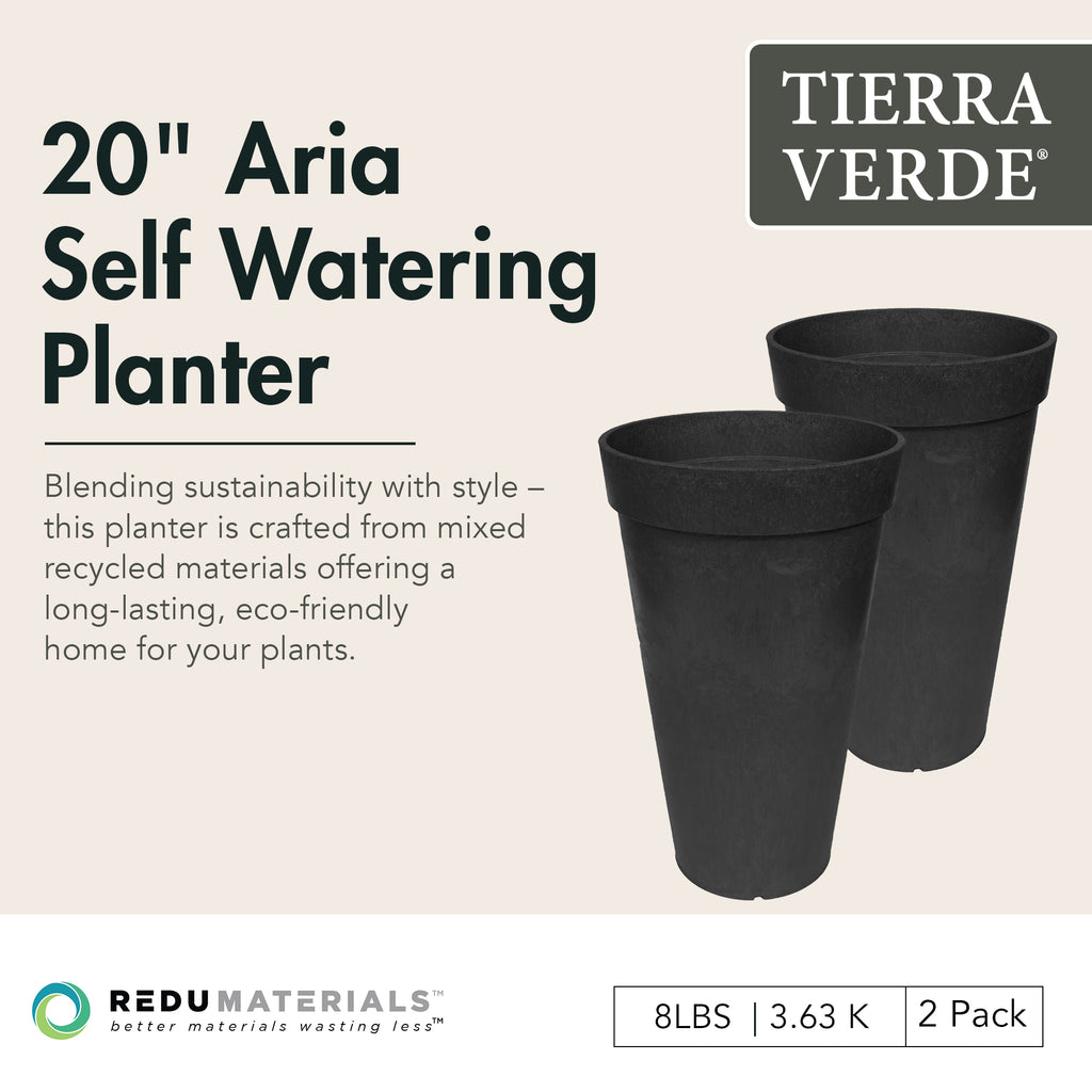 Tierra Verde 2 Pack Aria Self Watering Tall Planter, 12.5"W x 20"H, Black