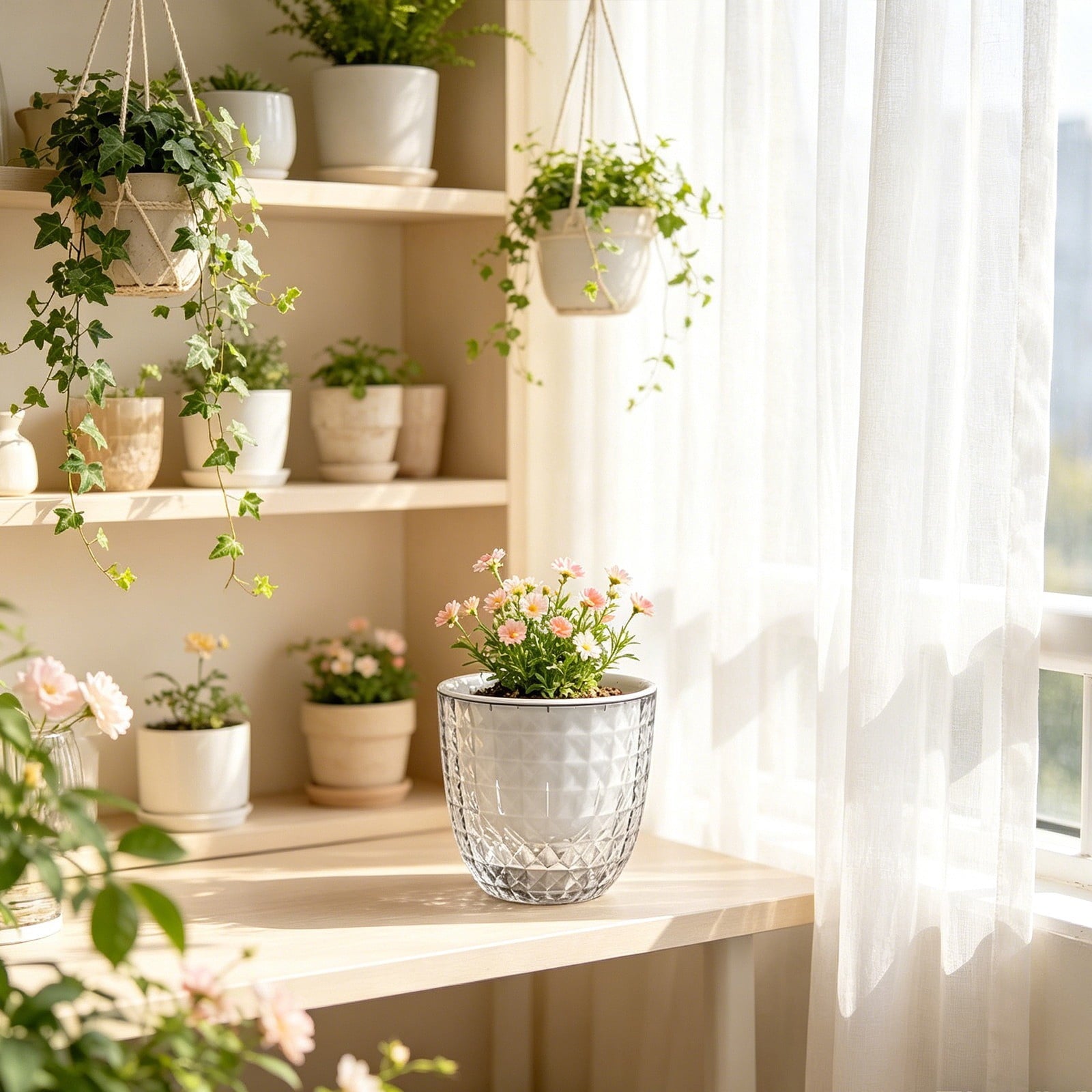 Self Watering Pots for Indoor Plants, Clear 4.3inch Automatic Water Absorbing Flower Pots, Double Layer Transparent Planter for Succulents & Home Decor