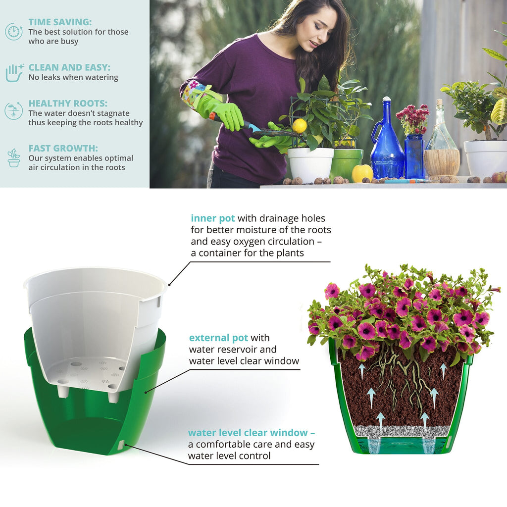 ❤️ Santino ASTI 7.9 Inch Self Watering Planters GREY/WHITE (Set of 3) for Indoor Plants - Modern Plastic Pot w/ Water level Indicator for All House Plants, African Violets and Dahlias