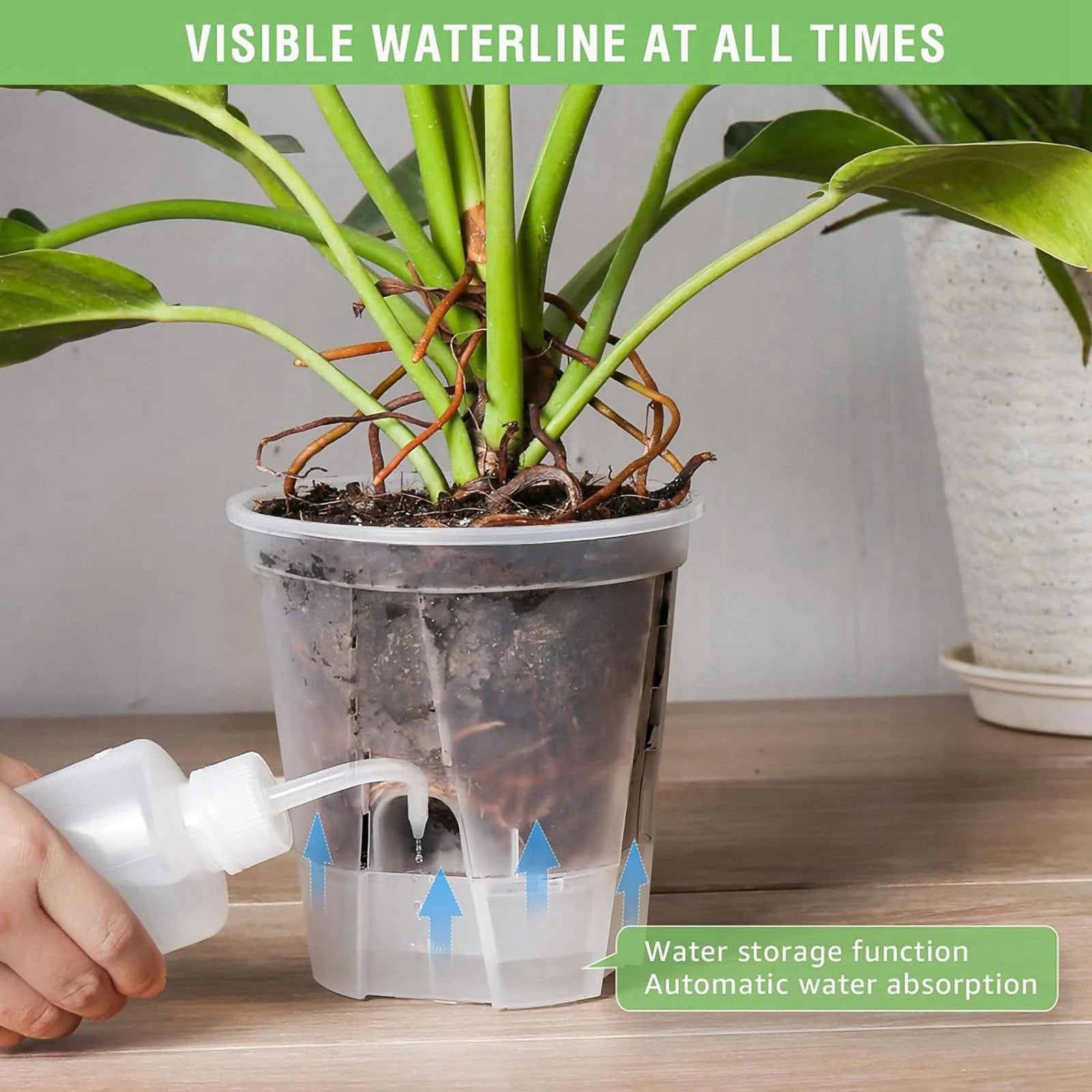 EZPXFCI 5 Pack Transparent Plastic Self Watering Planters | Large Nursery Pots with Deep Reservoir/Drainage Holes, for Indoor Outdoor Plants/Flowers