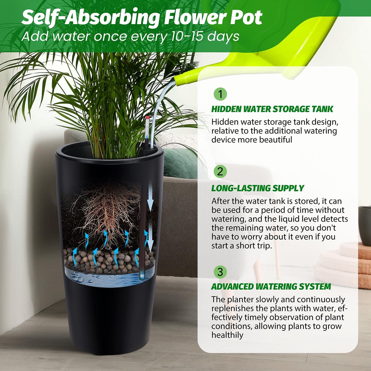 Ataucjin 30 inch Tall Planter Set of 2, Self Watering Pots with Drain Holes, Water Level Monitor & Inner Bucket, Indoor Outdoor Large Flower Pots, Automatic Watering, for Patio, Balcony, Living Room