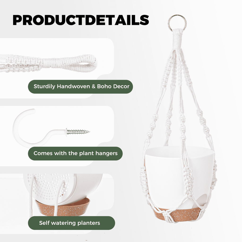 Bamworld Hanging Planters with Macrame Plant Hangers for Indoor Outdoor Plants 3 Set Self Watering Pots Hanging Baskets Flower Pot Holders 3 Different Size