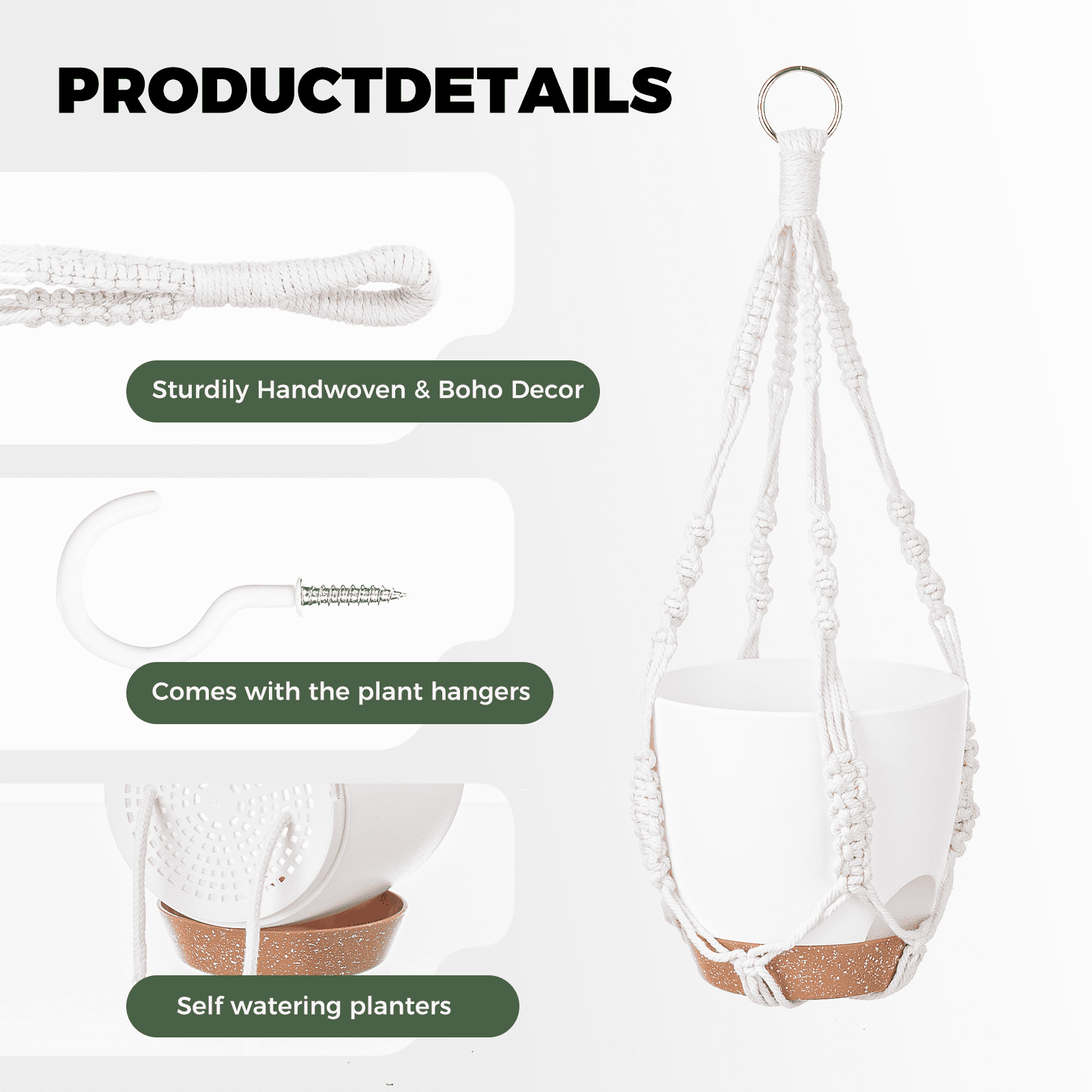 Bamworld Hanging Planters with Macrame Plant Hangers for Indoor Outdoor Plants 3 Set Self Watering Pots Hanging Baskets Flower Pot Holders 3 Different Size