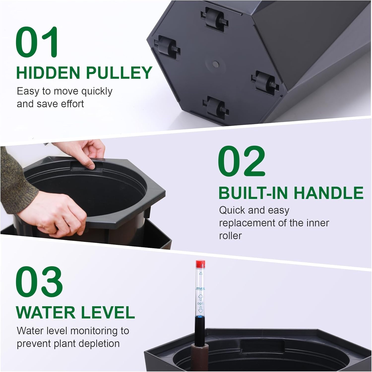 23 Inch Tall Outdoor Planters Set of 2, Self Watering Pots for Indoor Plants with Water Level Monitor & Drainage Hole & Wheels,Black