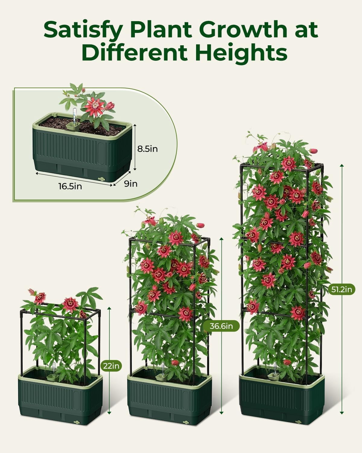 51" Self Watering Planter Box with Trellis, Tomato Cage with Water Level Indicator, Indoor Outdoor Raised Garden Bed