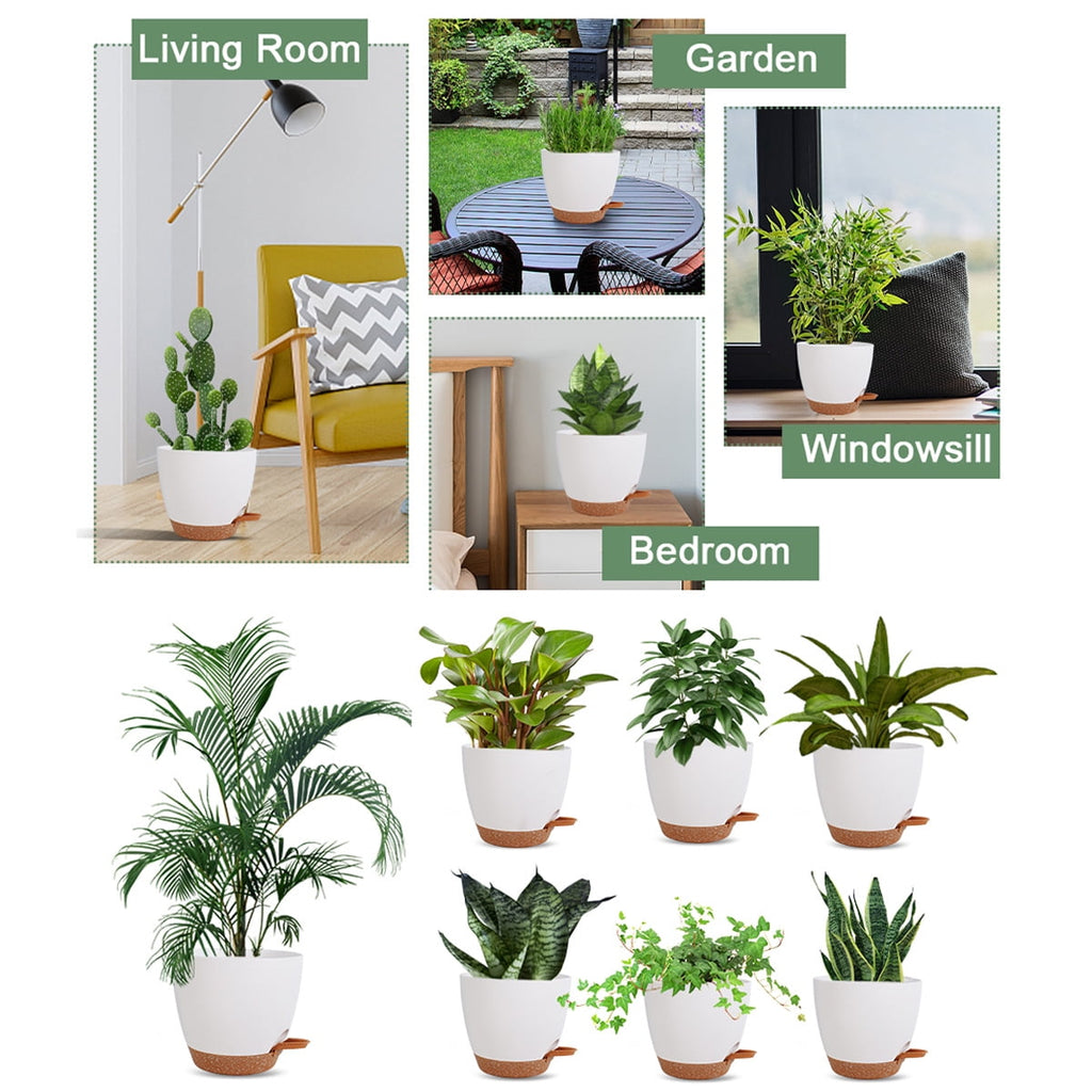 Plant Pots 7/6.5/6/5.5/5 Inch Self Watering Planters with Drainage Hole, Plastic Flower Pots, Nursery Planting Pot for All House Plants, Succulents,Snake Plant, African Violet, Flowers,White