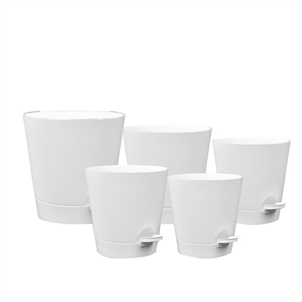 Qtmnekly 5 Pack 5 Inch Self Watering Pots for Indoor Plants, Flower Pots Planter with Drainage Holes and Wick Rope White