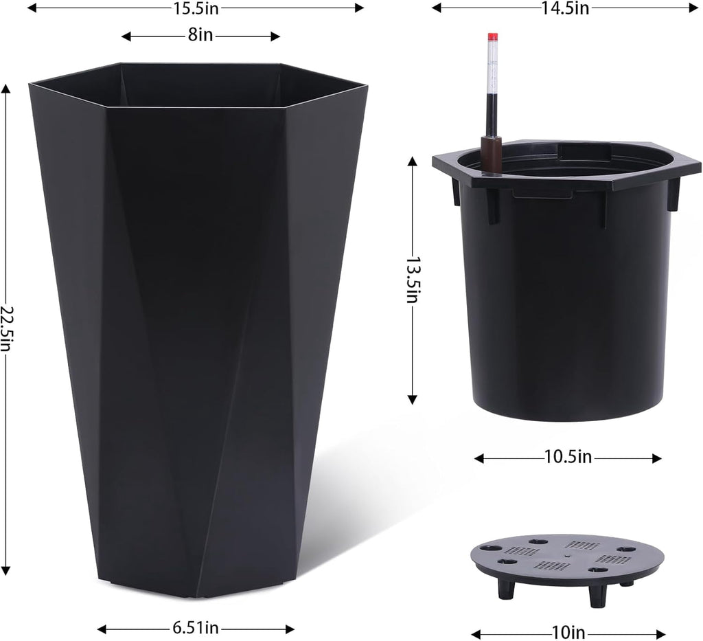 23 Inch Tall Outdoor Planters Set of 2, Self Watering Pots for Indoor Plants with Water Level Monitor & Drainage Hole & Wheels,Black
