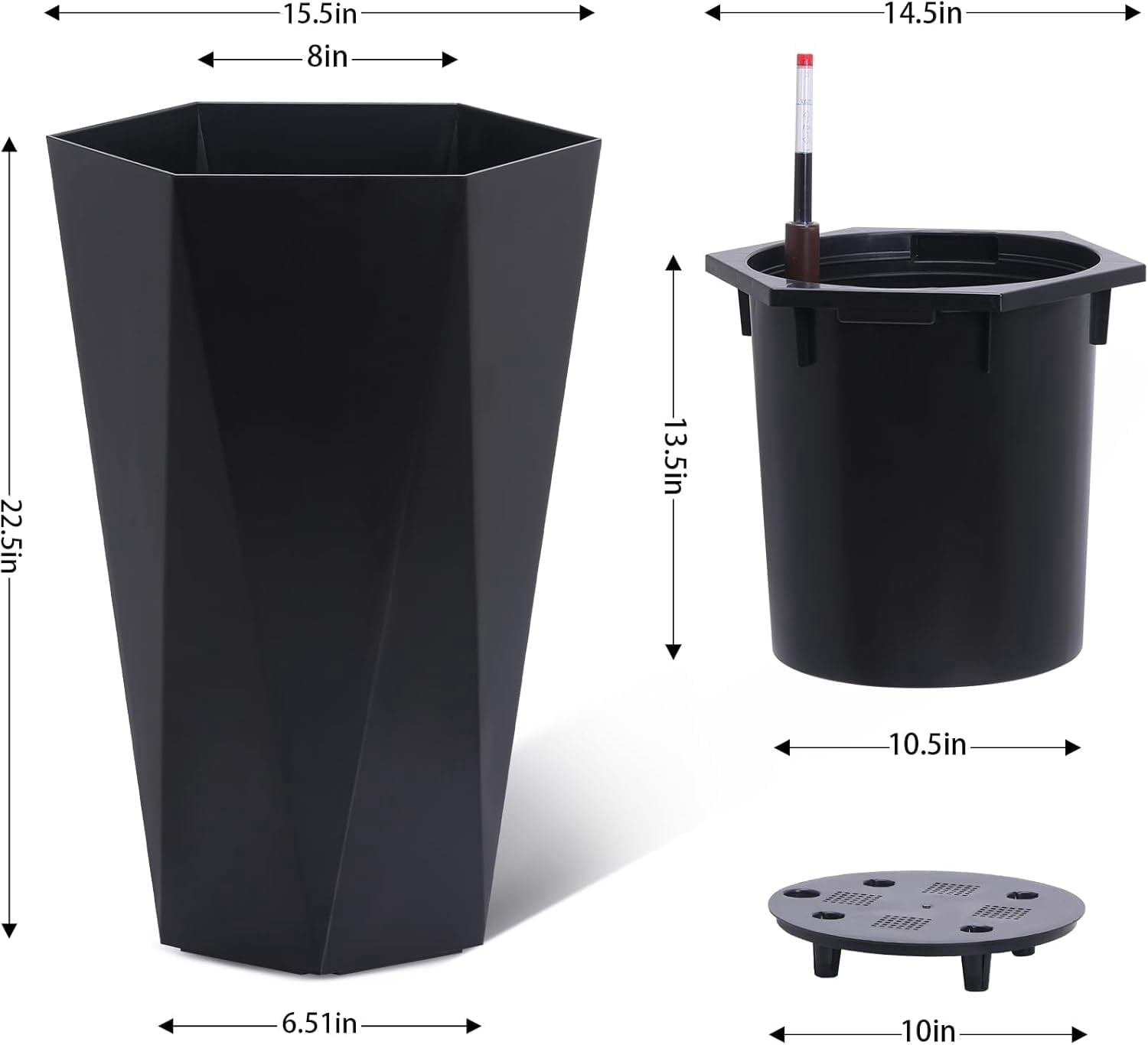 23 Inch Tall Outdoor Planters Set of 2, Self Watering Pots for Indoor Plants with Water Level Monitor & Drainage Hole & Wheels,Black