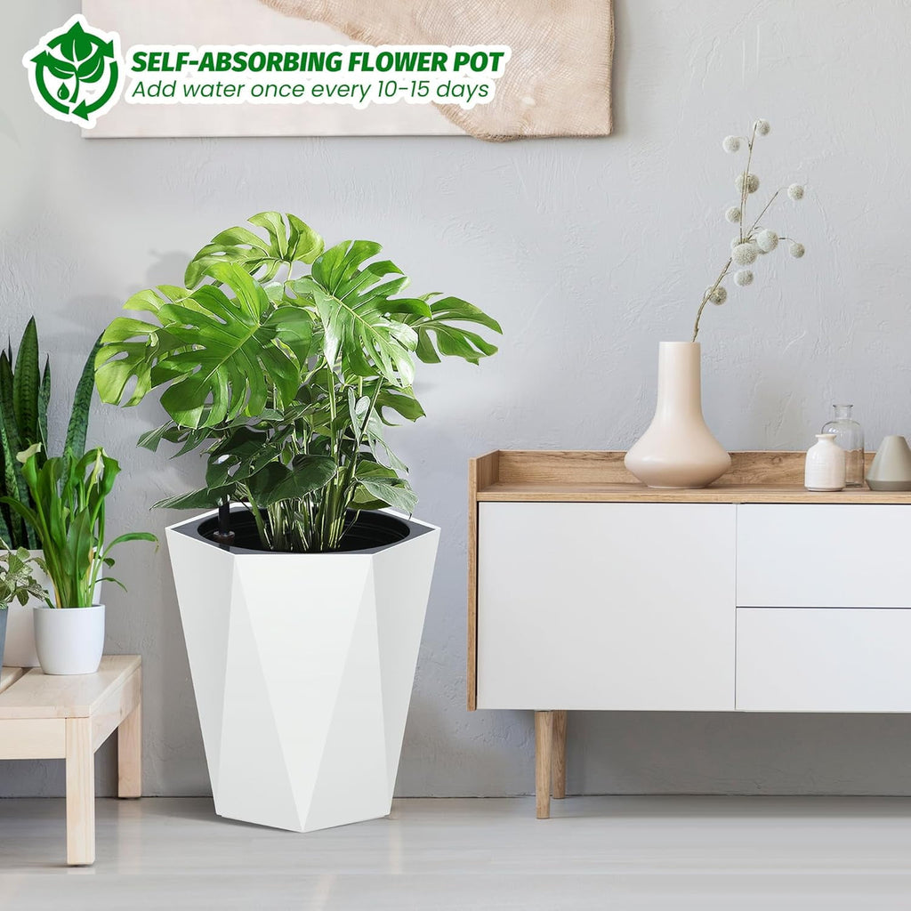Riedhoff 16" Tall Self-Watering Planter Pots Set of 2, Water Level Monitor, Drainage Holes, White