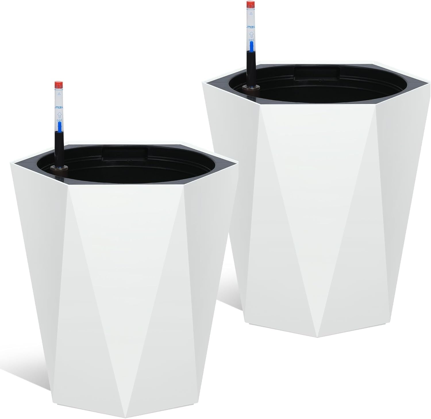 Riedhoff 16" Tall Self-Watering Planter Pots Set of 2, Water Level Monitor, Drainage Holes, White