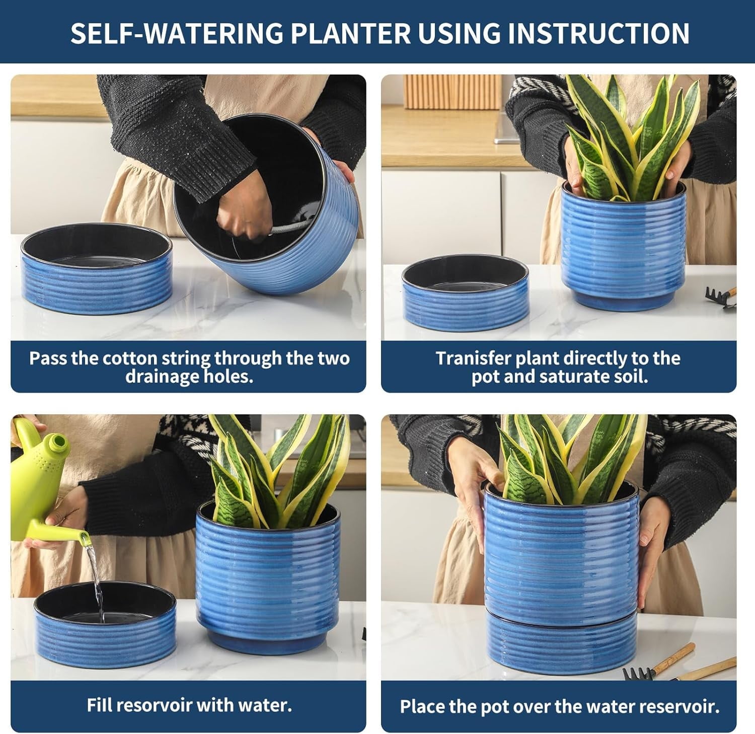 Large Self Watering Plant Pot, 8 Inch Porcelain Planter with Drainage Hole and Water Storage Plus for Outdoor & Indoor House Plants and Garden, Round Flower Pots for Home or Office Decor, Blue