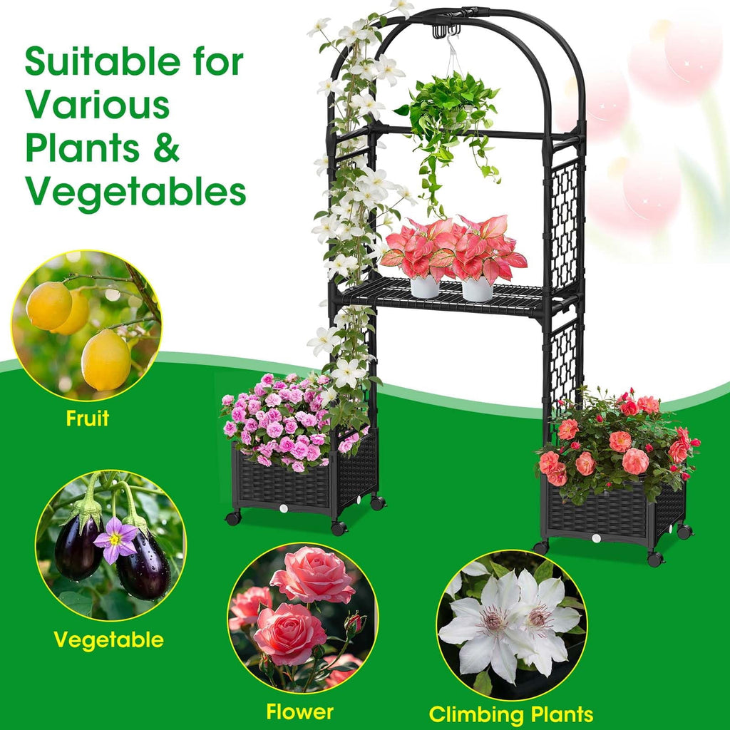 Rose Planter Box with Trellis, 63in Self Watering Raised Garden Bed with Wheels, Storage Shelf & Drainage Holes for Climbing Plants, Tomatoes, Vegetables, Indoor Outdoor Patio Garden